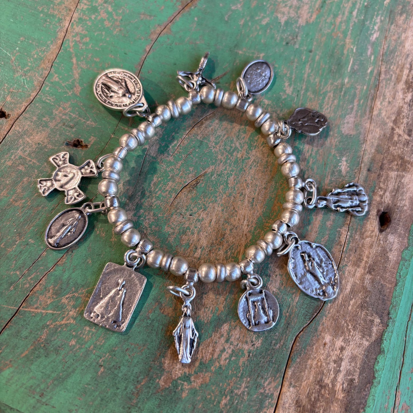 Elastic Silver Plated Saint Charm Bracelet