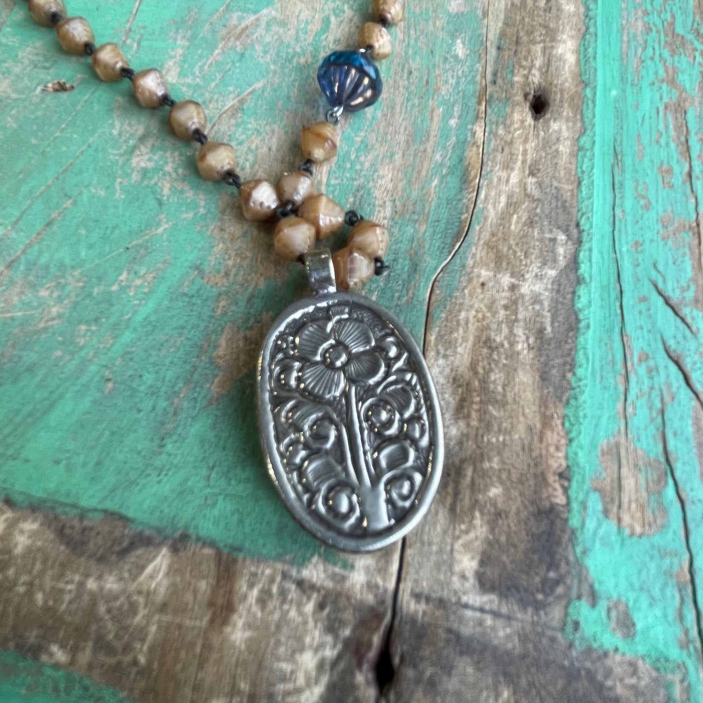 OLG Brown and Turquoise Czech Glass Beaded Necklace on
