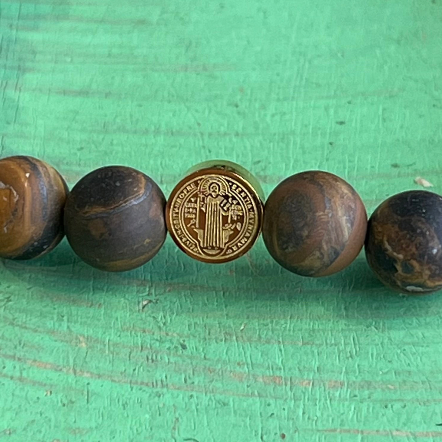 Brown Matte Tiger Eye Gold St Benedict Bracelet