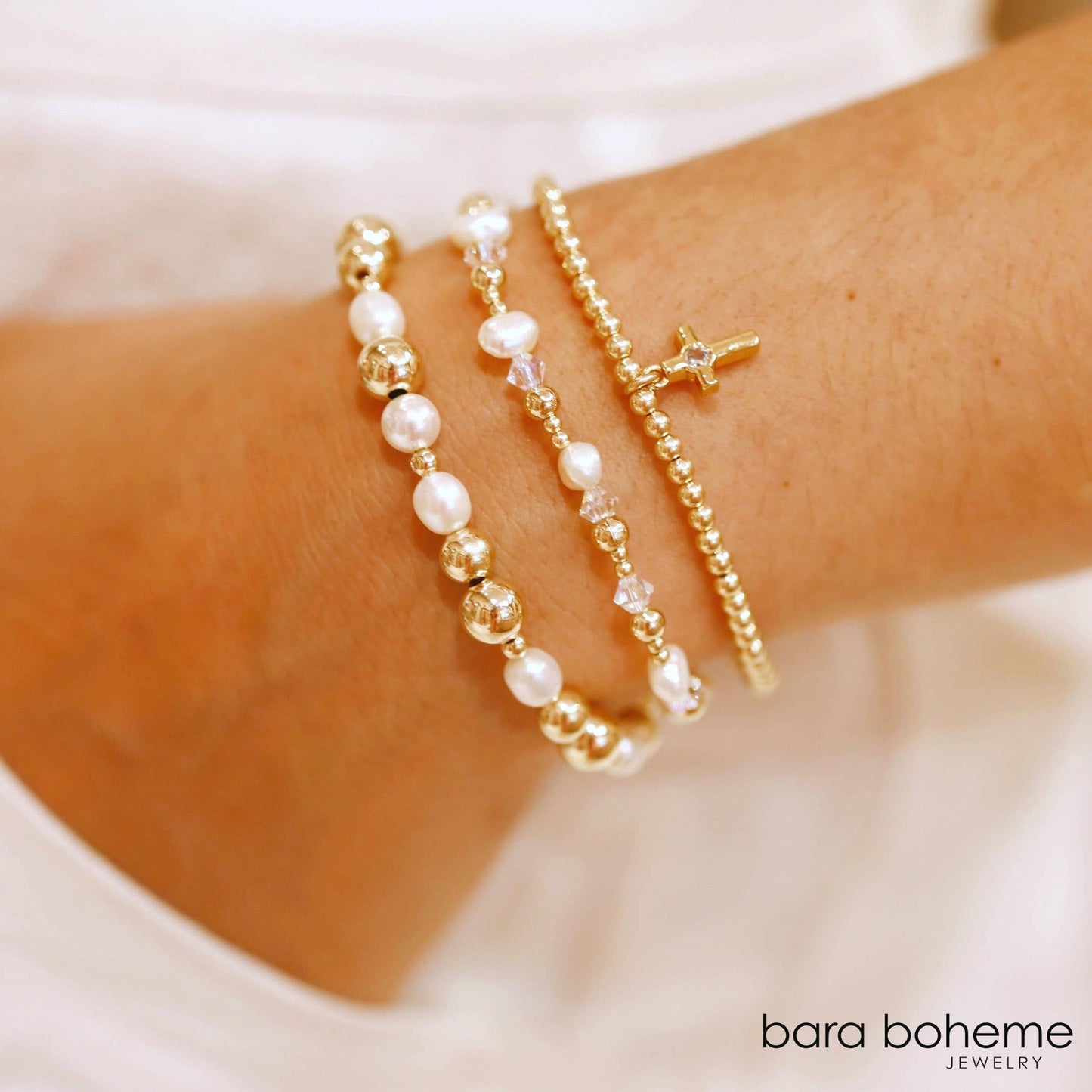 "SAN DIEGO" Gold Filled & Pearls Beaded Bracelets Stack