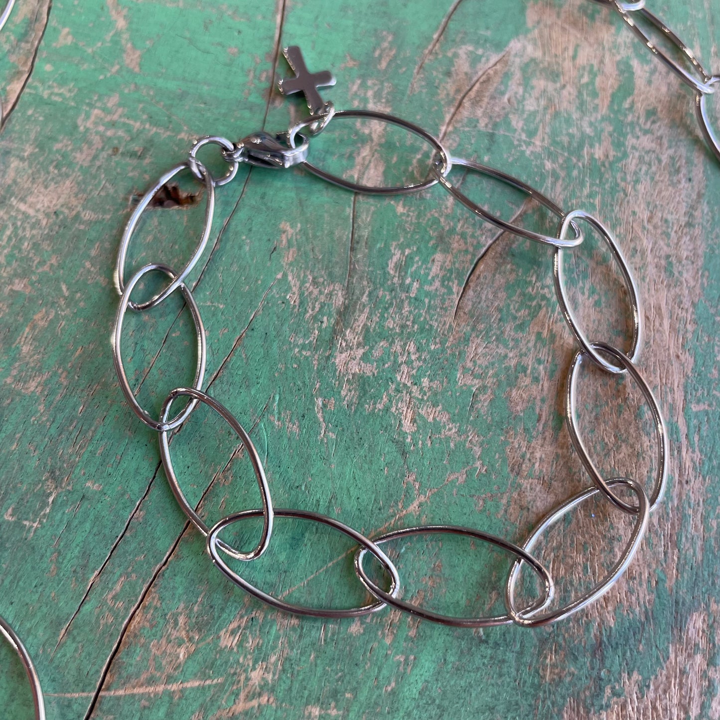 Stainless Steel Oval Link Layering Necklace and Bracelet