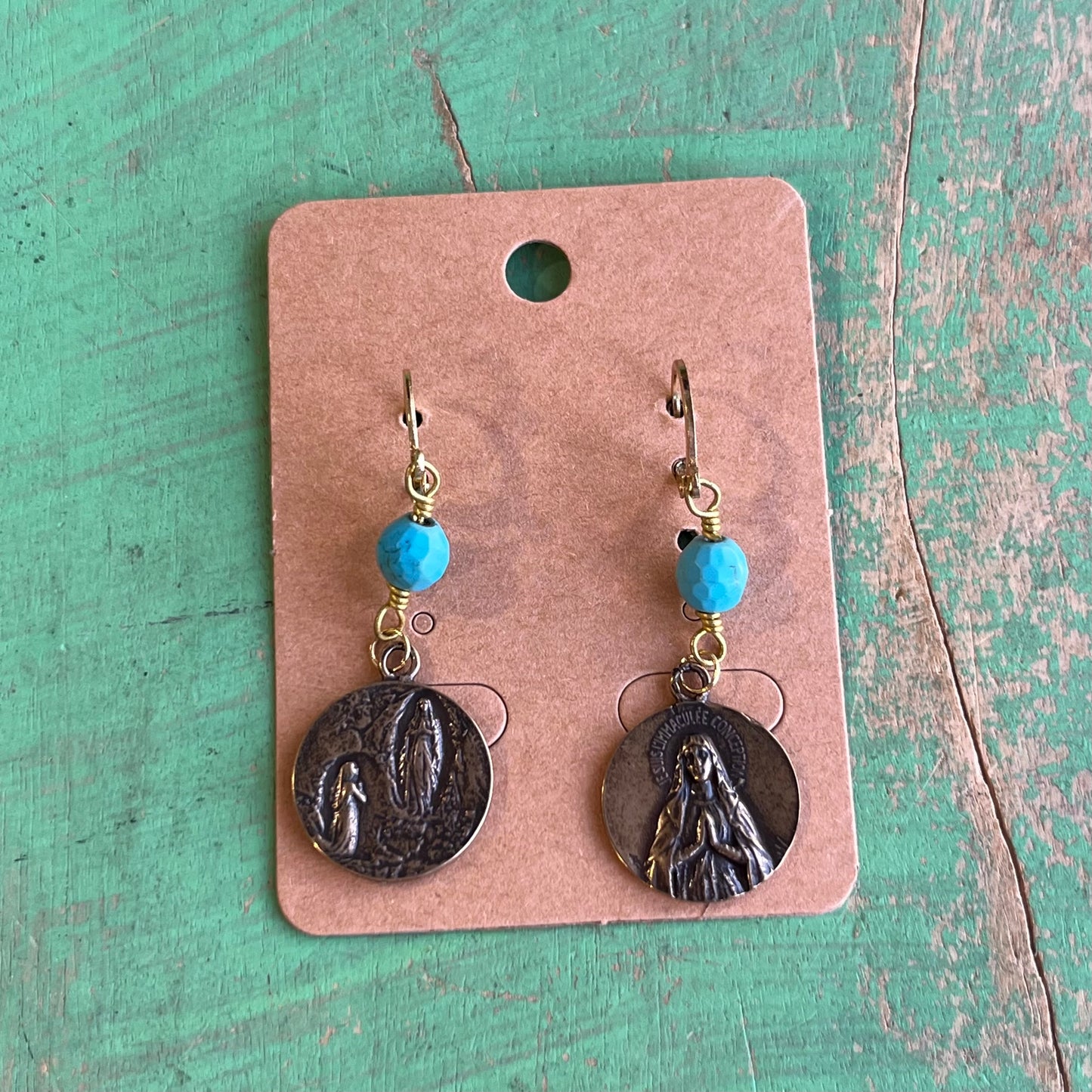 Turquoise and Bronze Our Lady of Lourdes Earrings