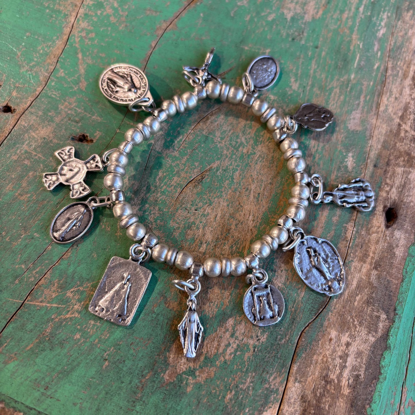 Elastic Silver Plated Saint Charm Bracelet