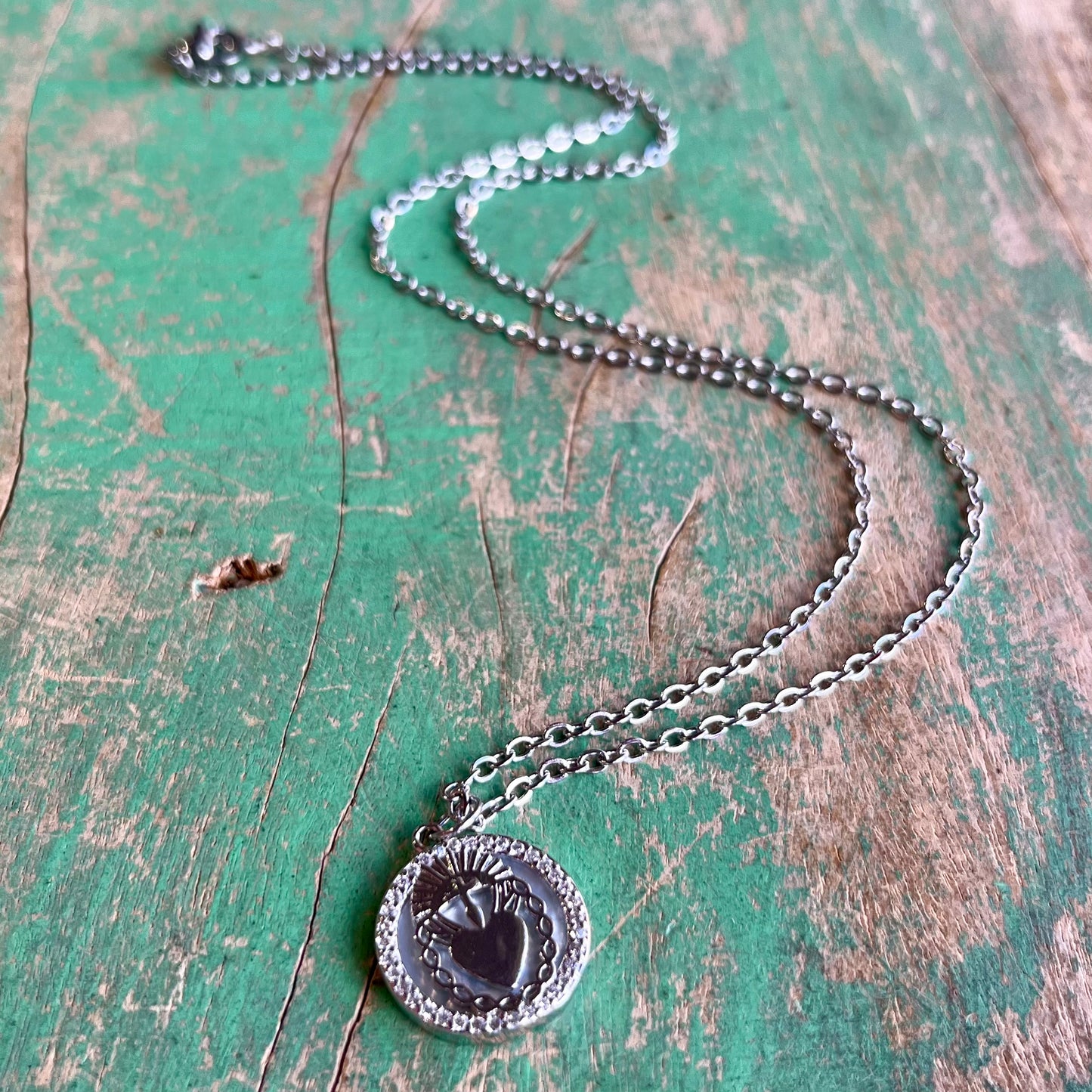 Silver Plated Sacred Heart Chain and Earrings