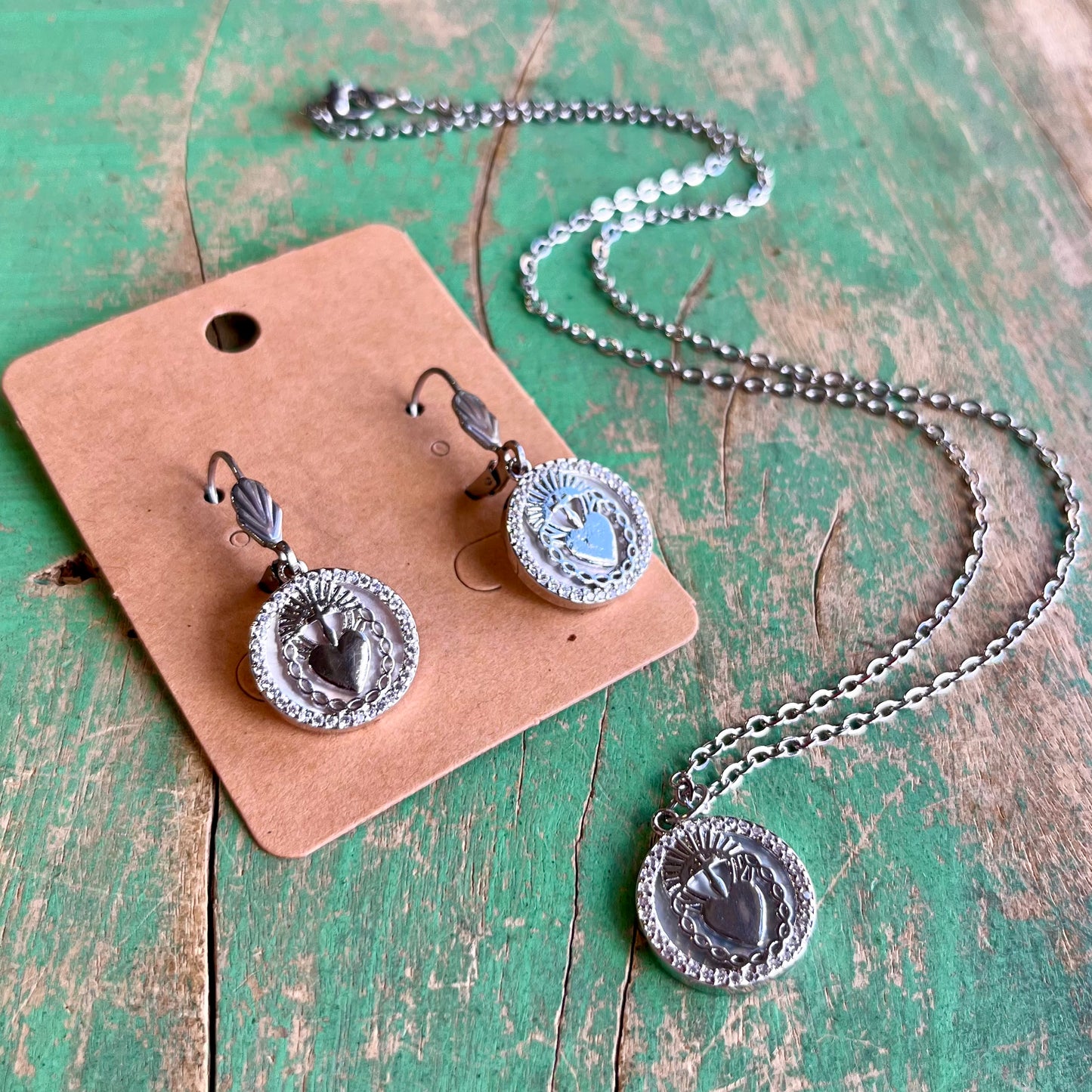 Silver Plated Sacred Heart Chain and Earrings