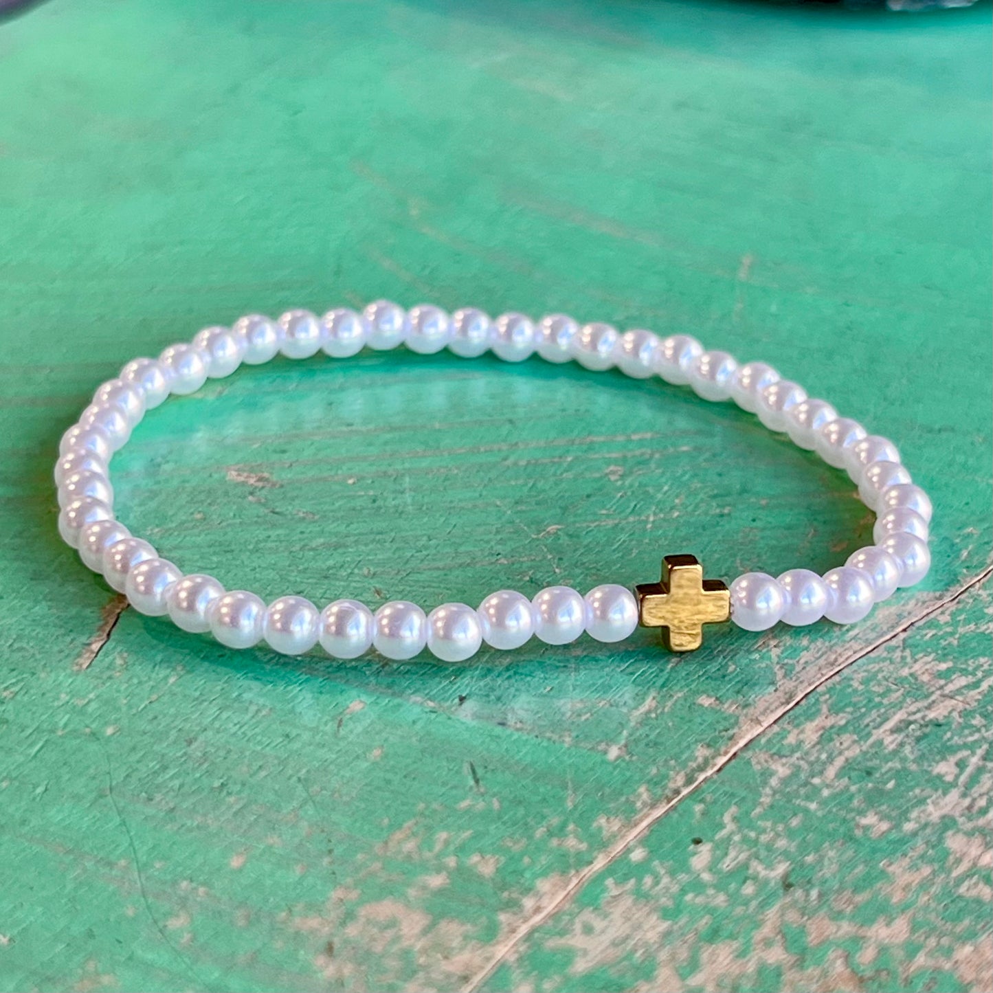 Tiny Beaded Bracelet with Cross