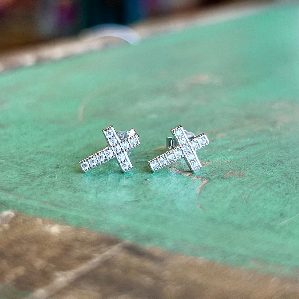 Sterling Silver CZ Cross Studs