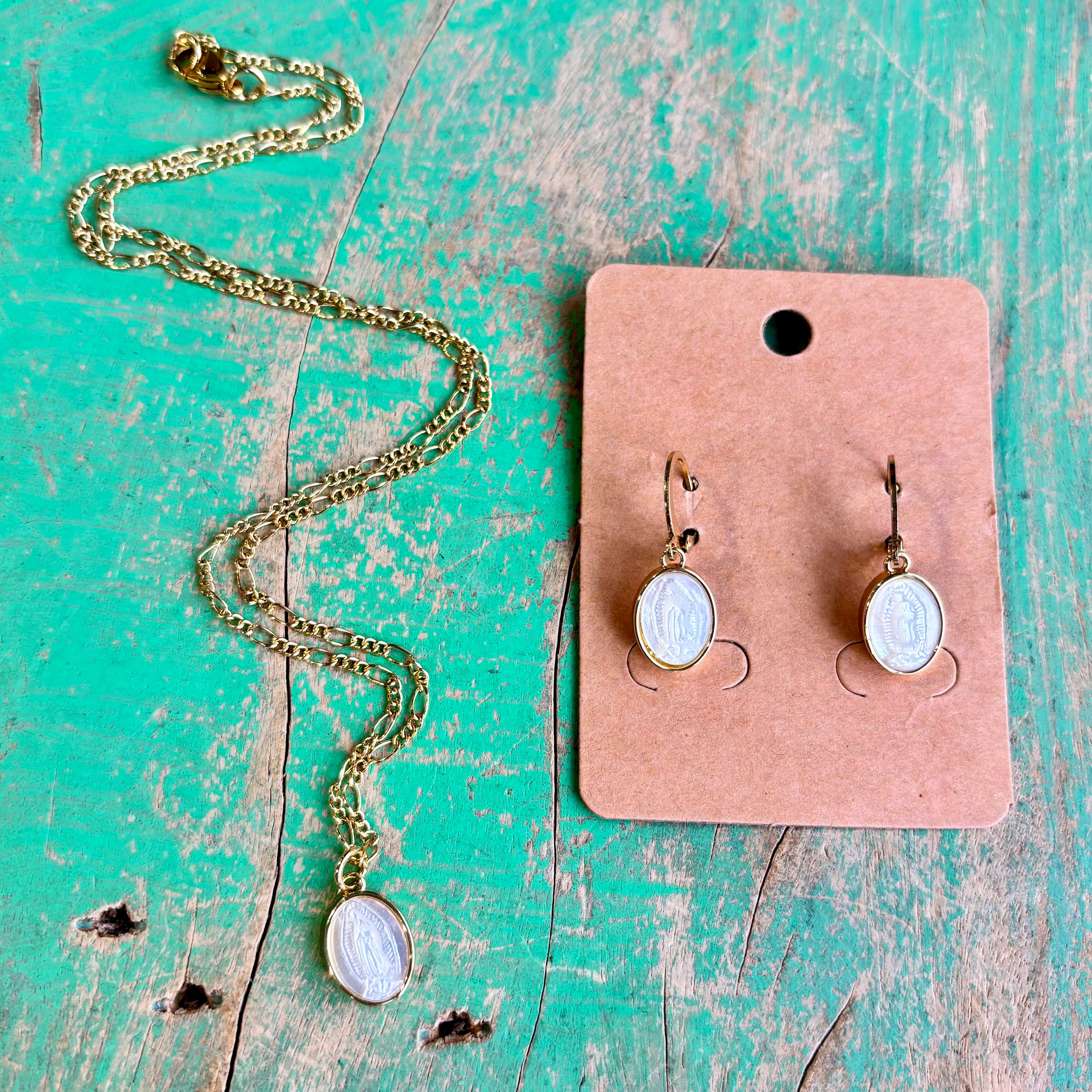 Figaro Chain with Mother of Pearl Our Lady of Guadalupe Necklace or Earrings
