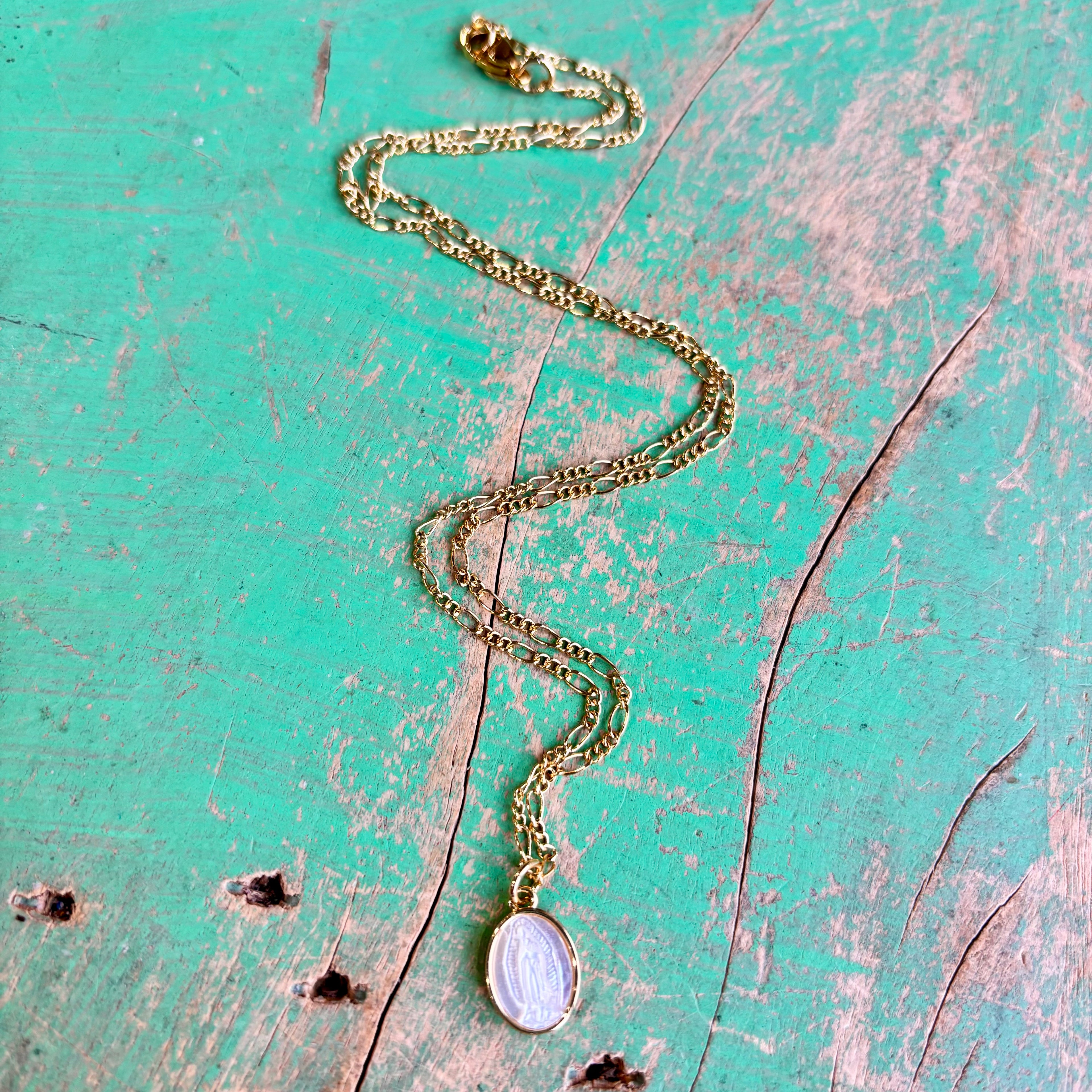 Figaro Chain with Mother of Pearl Our Lady of Guadalupe Necklace or Earrings