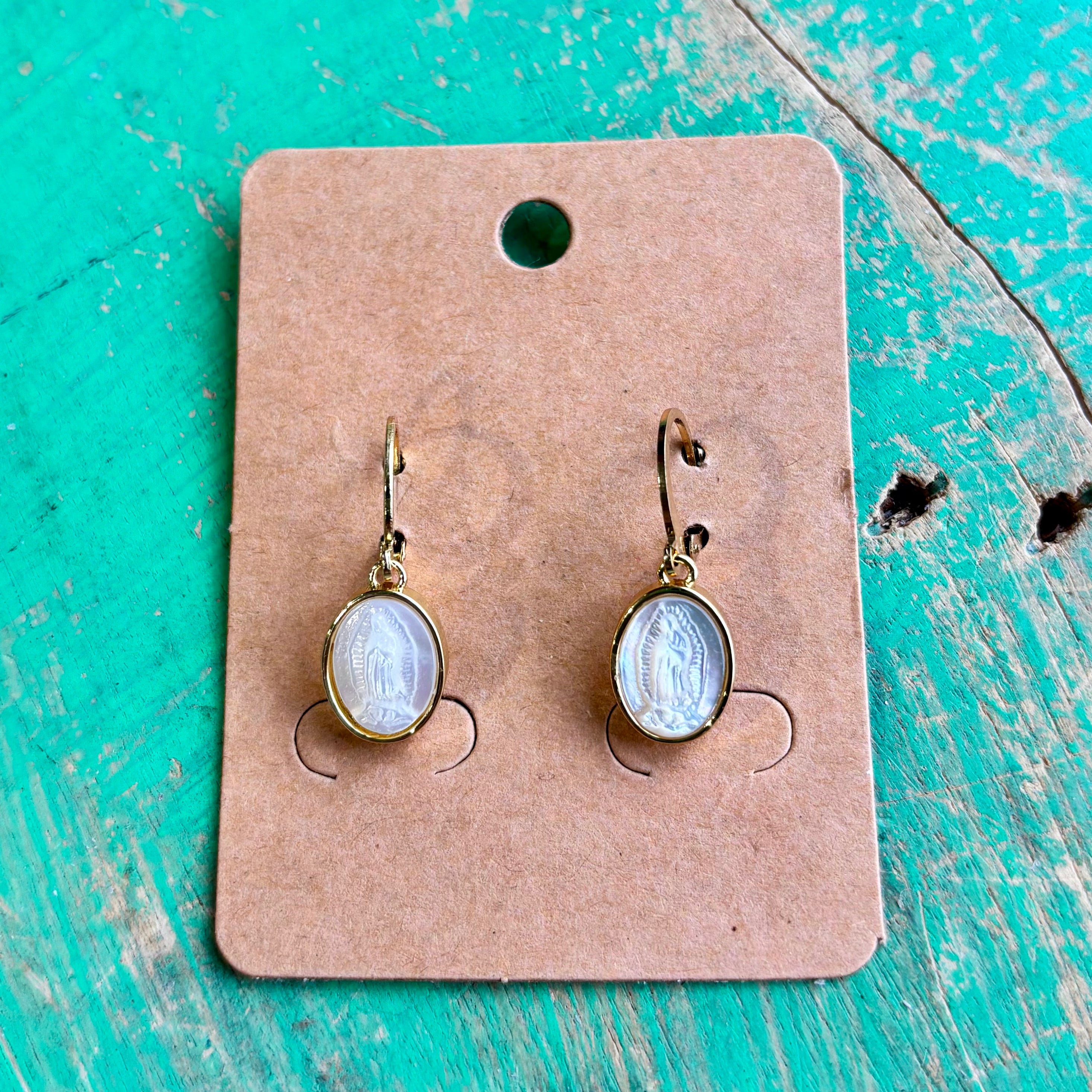 Figaro Chain with Mother of Pearl Our Lady of Guadalupe Necklace or Earrings