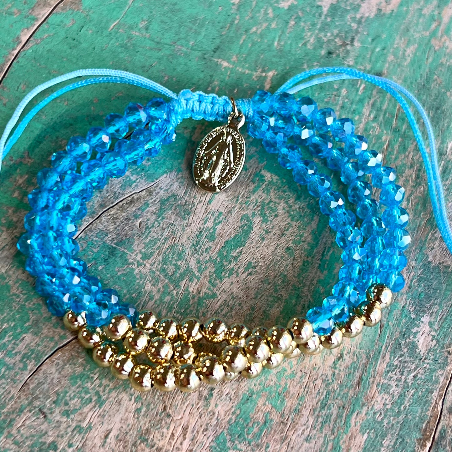 Gold and Quartz Triple Strand Miraculous Medal Adjustable Bracelet