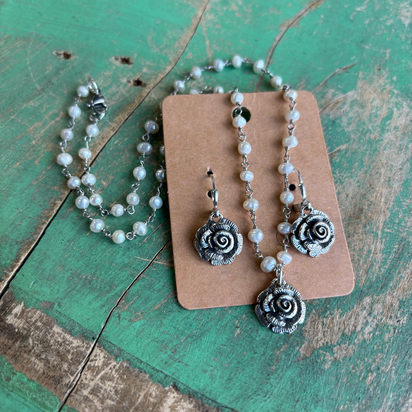 Sweet Rose Pearl Necklace or Earrings