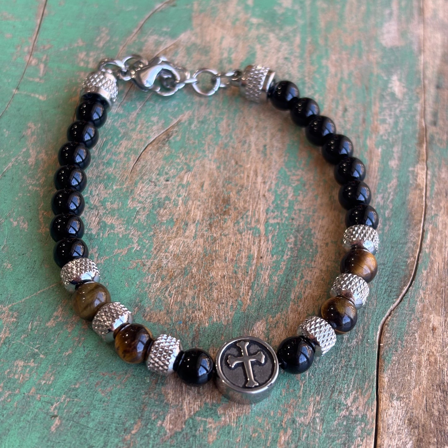 Tiger Eye and Stainless Steel Cross Beaded Bracelet