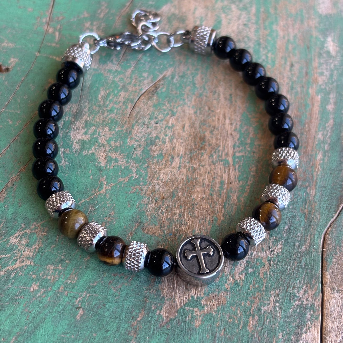 Tiger Eye and Stainless Steel Cross Beaded Bracelet