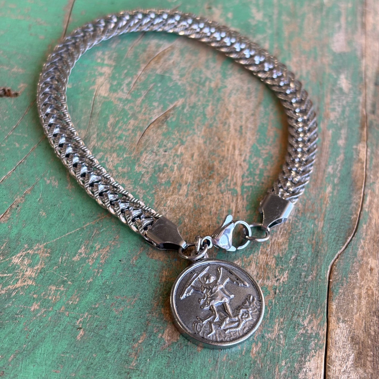 Stainless Steel St Michael Wheat Chain Bracelet