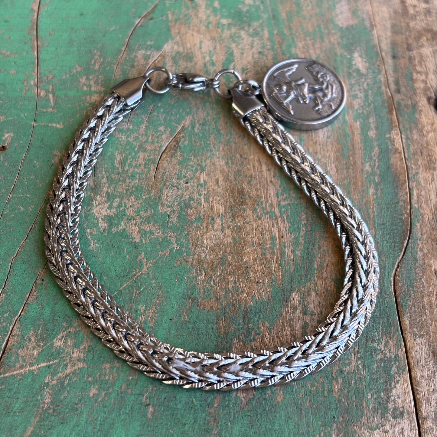 Stainless Steel St Michael Wheat Chain Bracelet