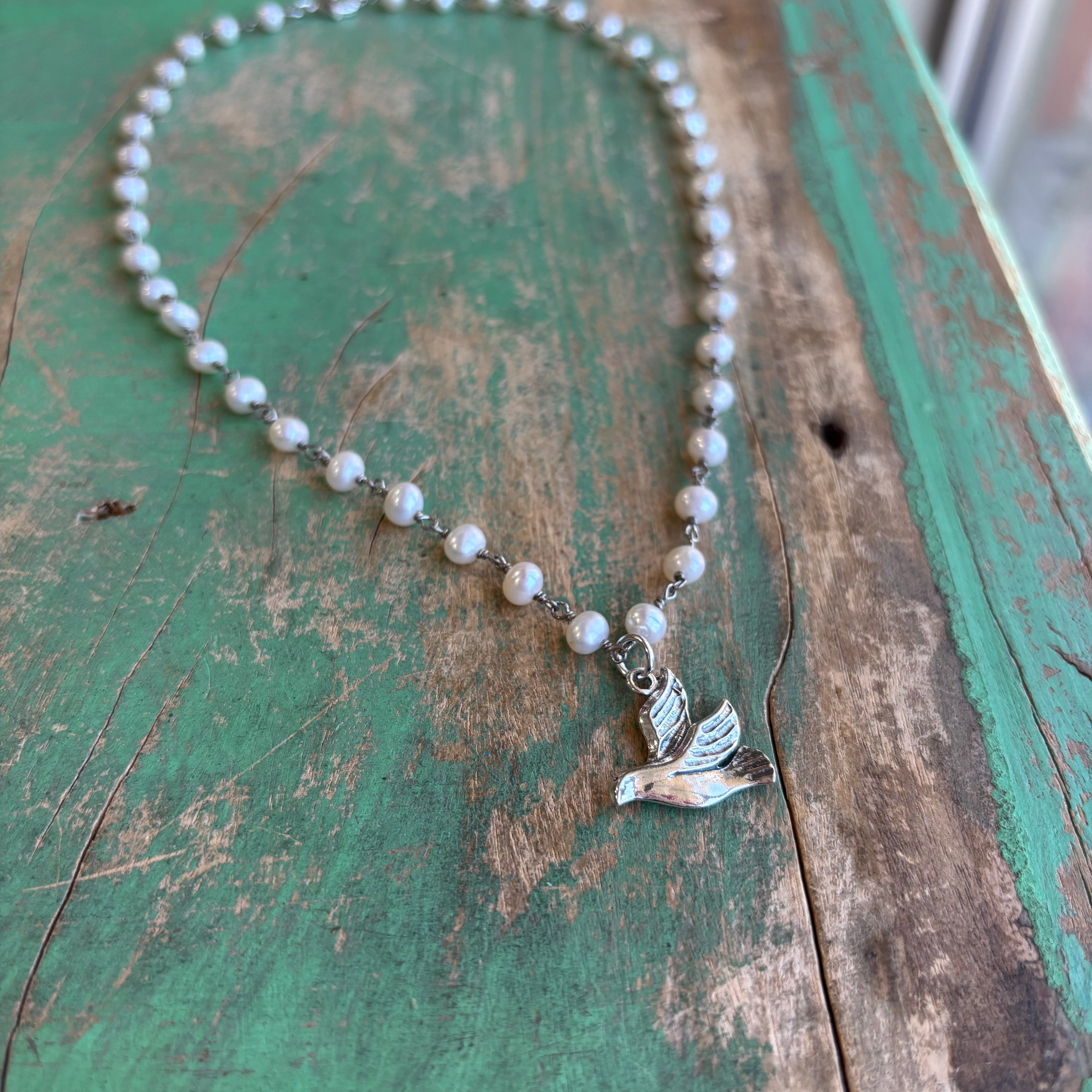 Sterling Silver Freshwater Pearl Flying Holy Spirit Dove Necklace