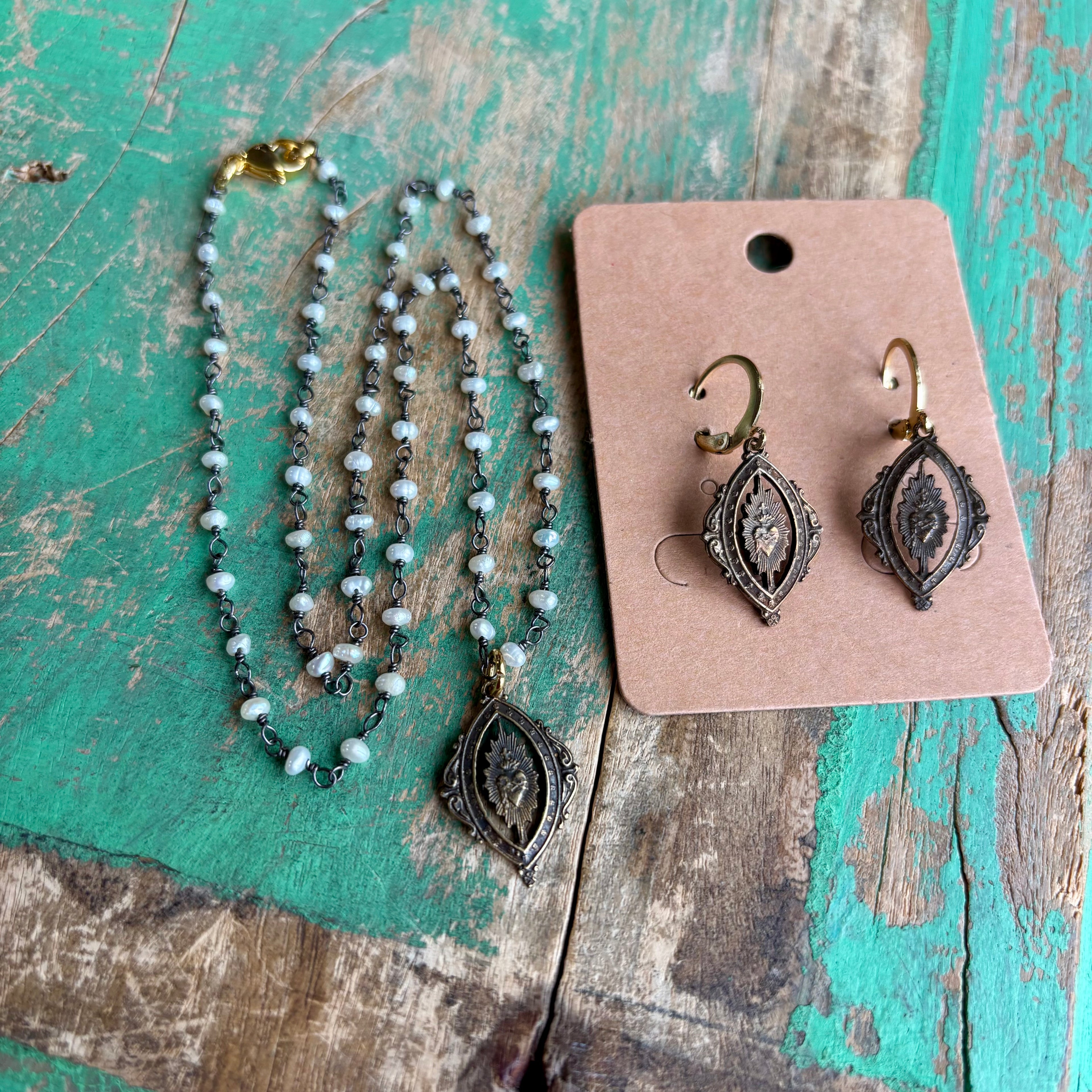 Dainty Pearls with Bronze Sacred Heart Necklace or Earrings