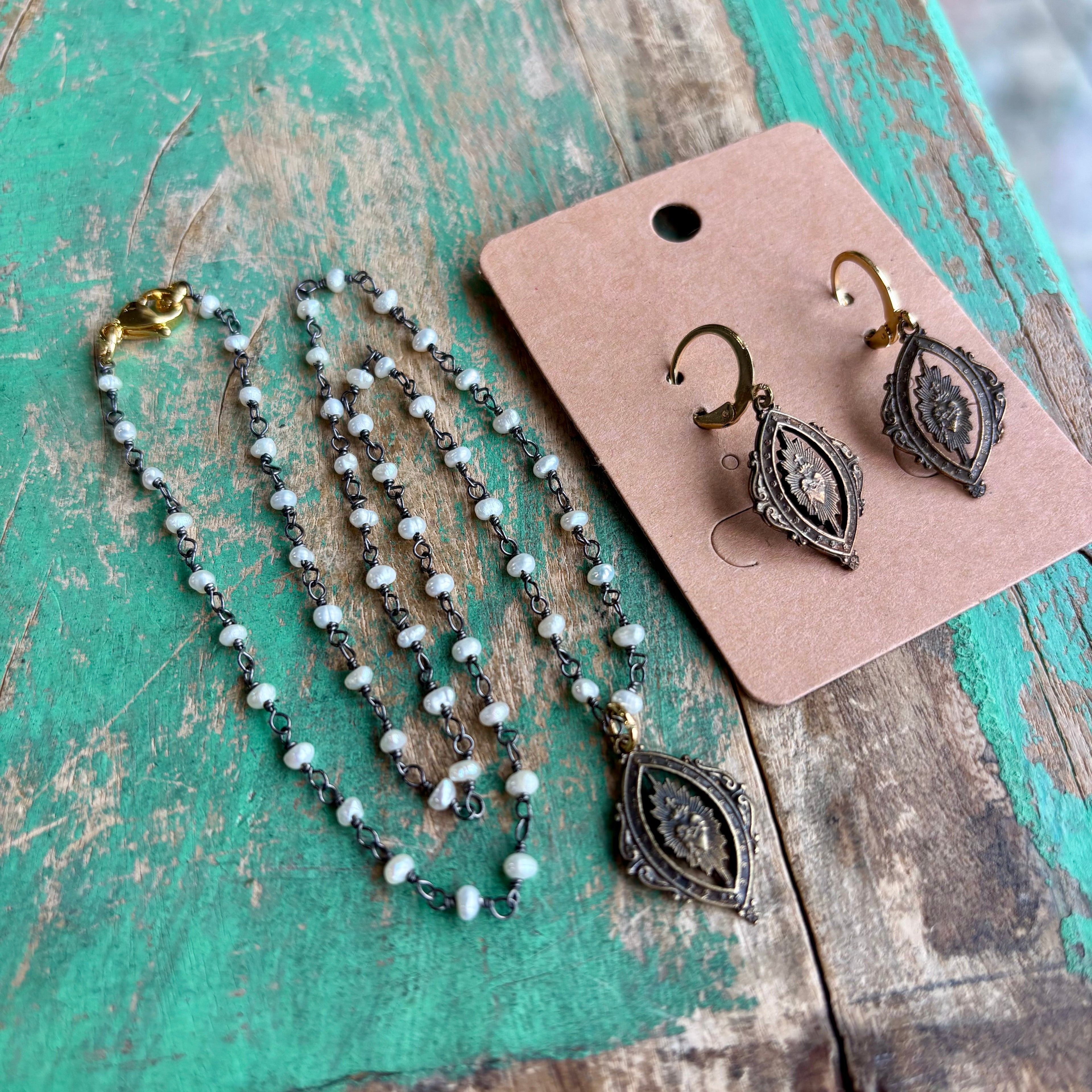 Dainty Pearls with Bronze Sacred Heart Necklace or Earrings