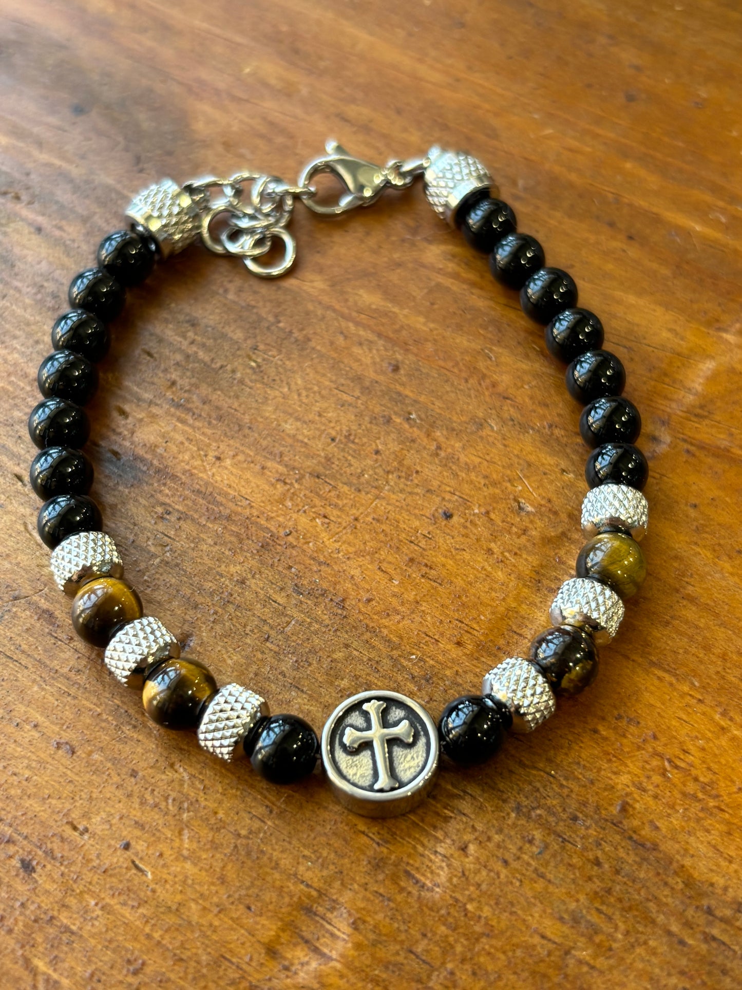 Tiger Eye and Stainless Steel Cross Beaded Bracelet