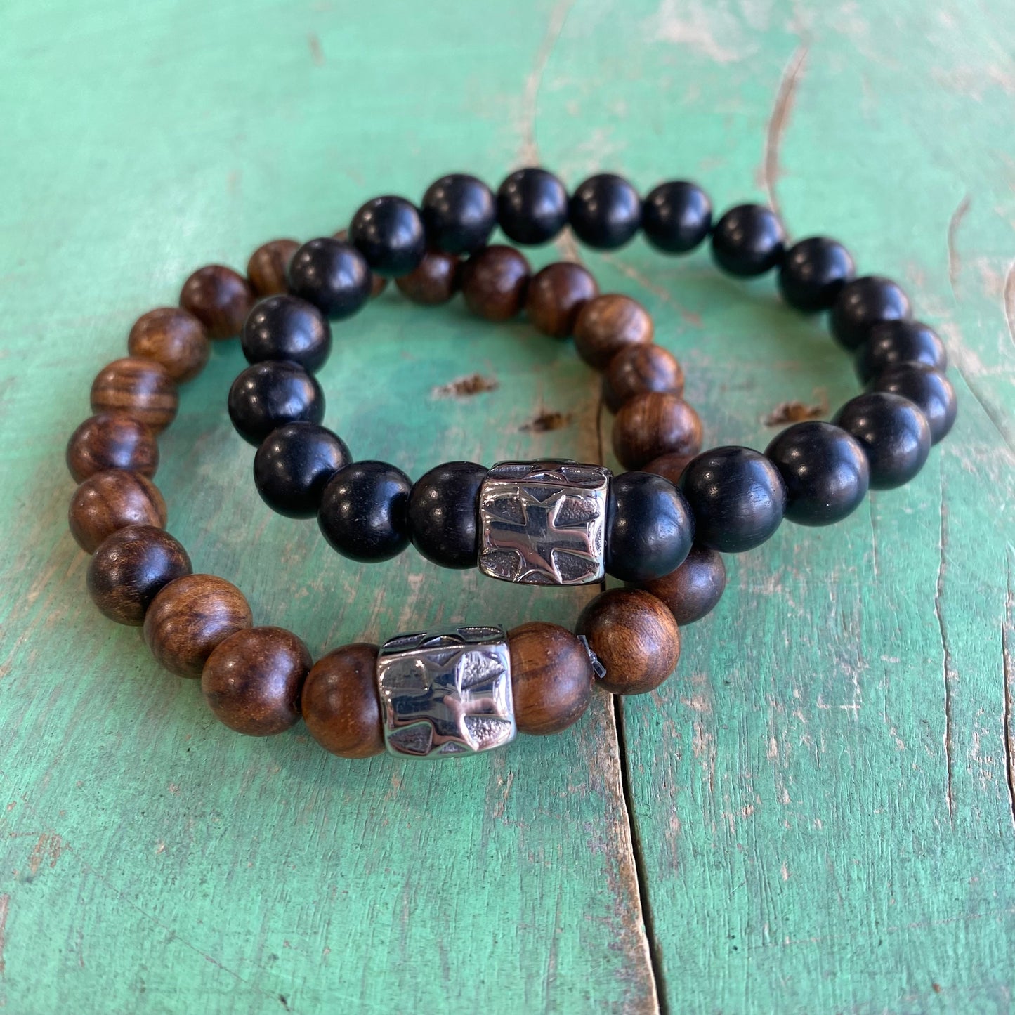10mm Wood Bead Barrel Cross Bracelet
