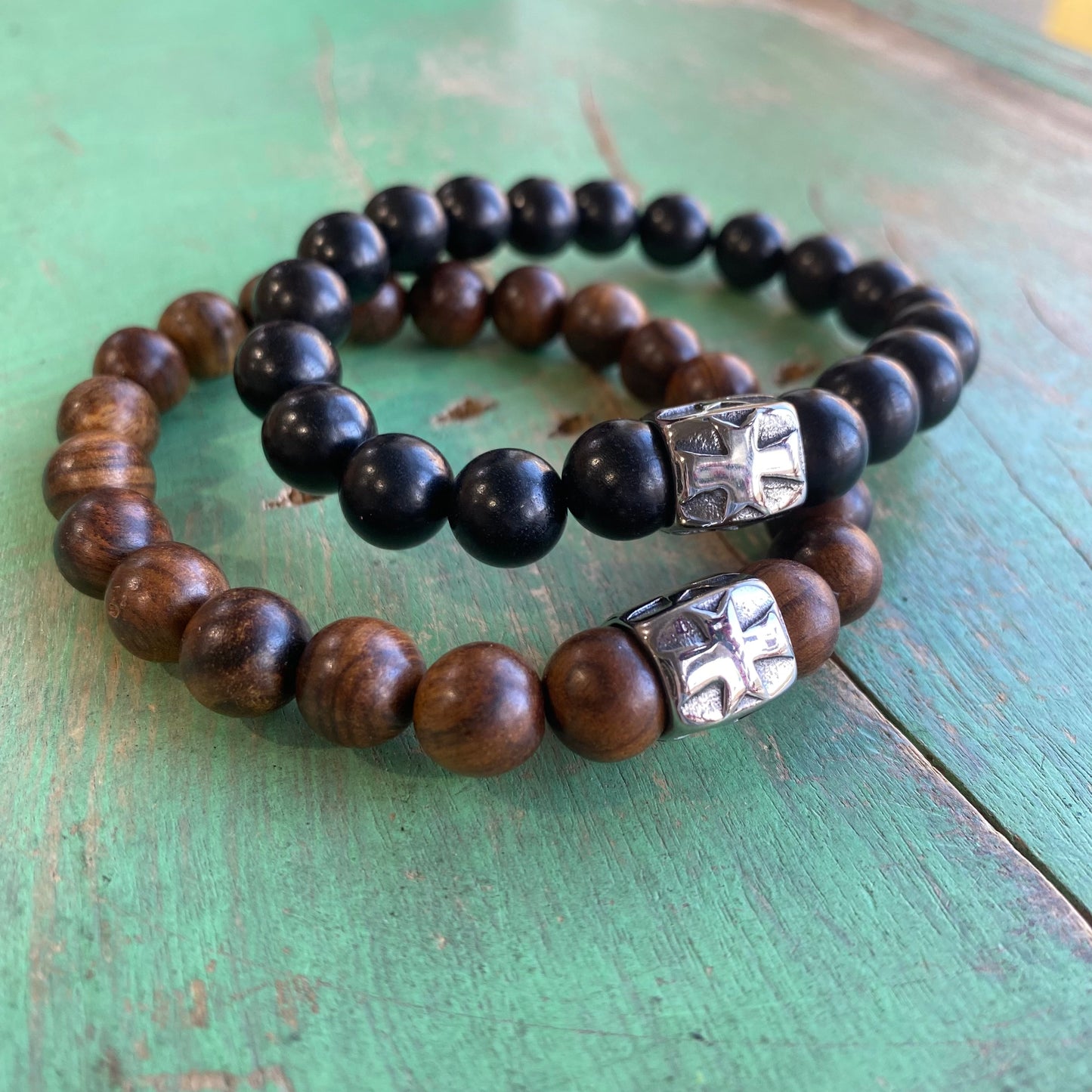10mm Wood Bead Barrel Cross Bracelet