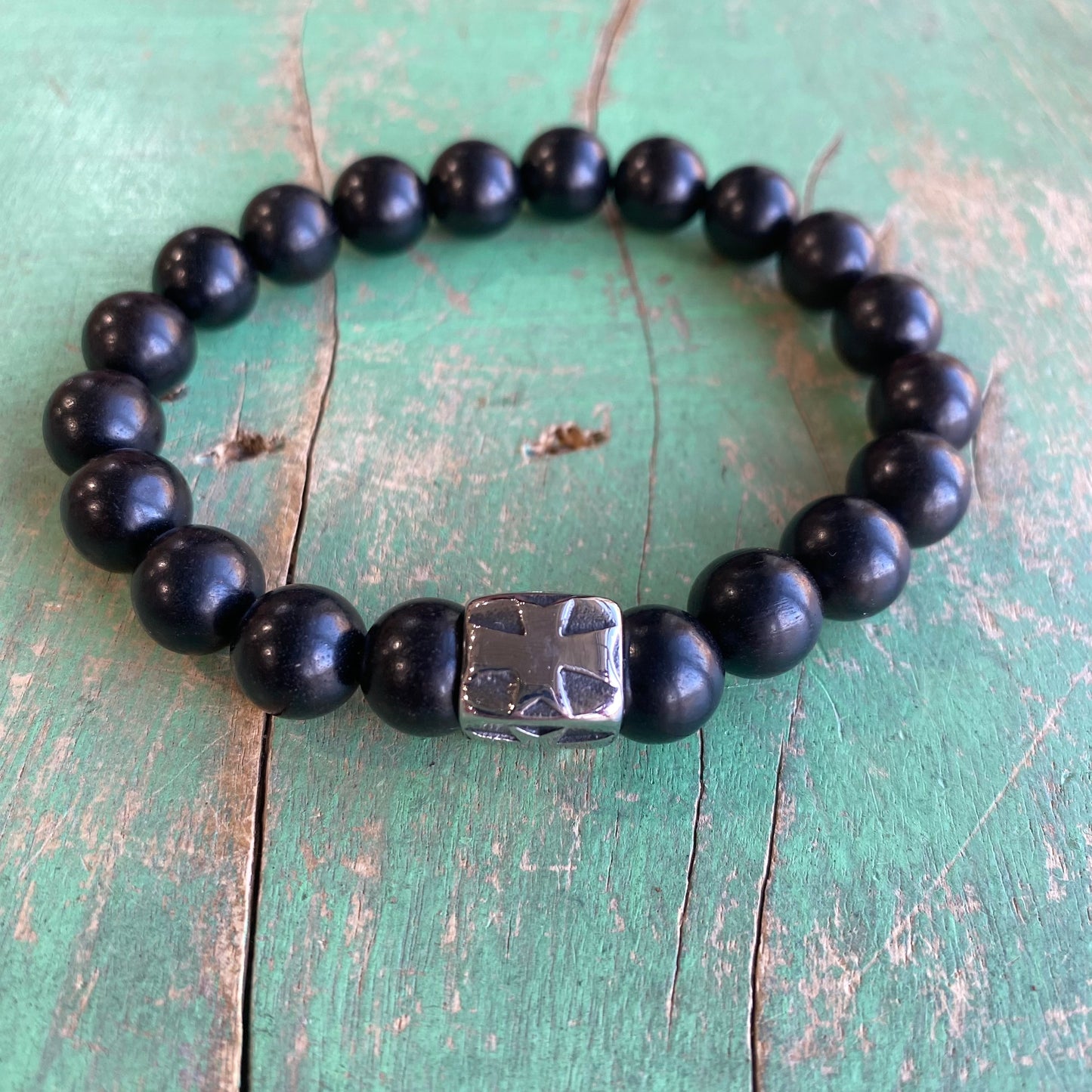 10mm Wood Bead Barrel Cross Bracelet