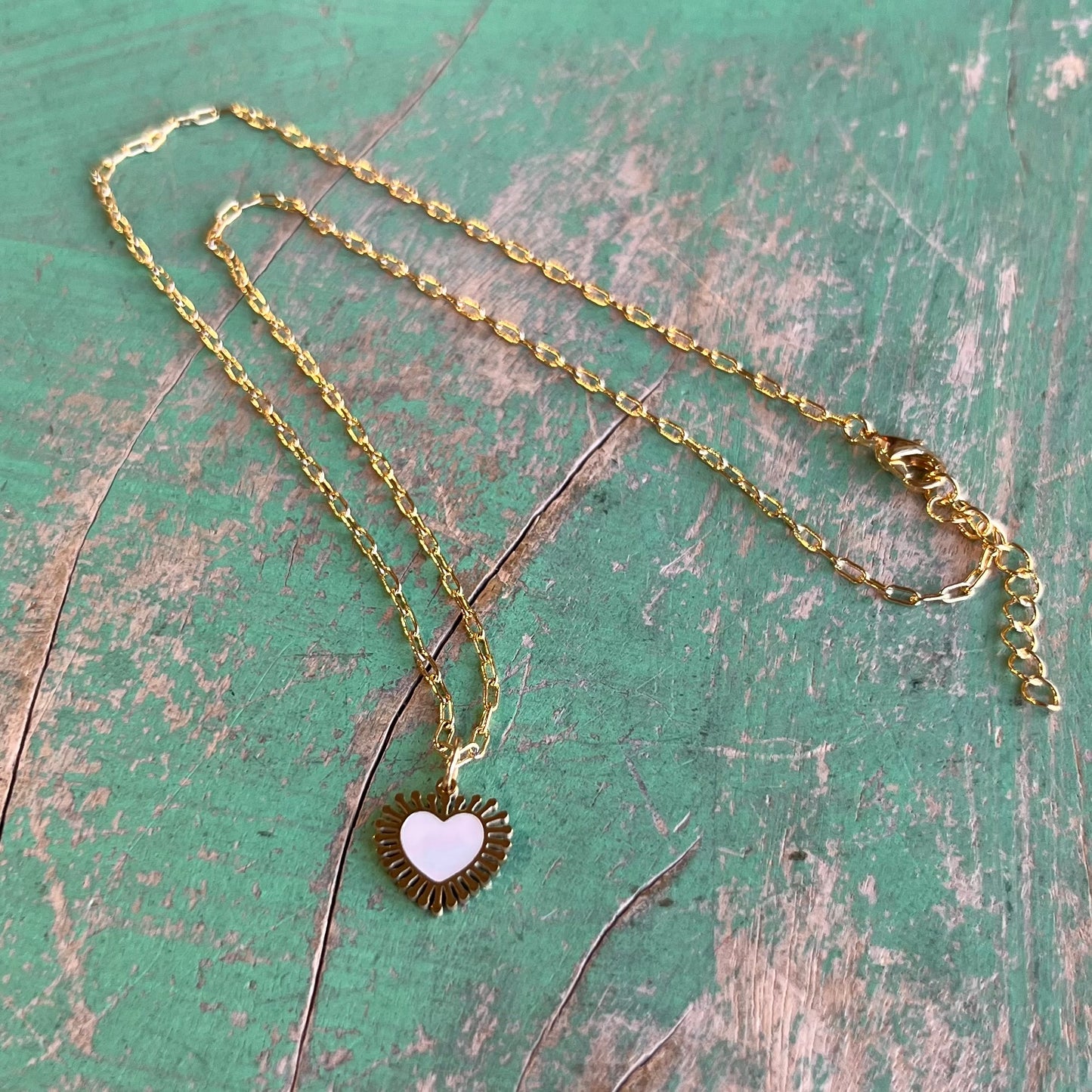 Mother of Pearl Heart Rays Chain Necklace