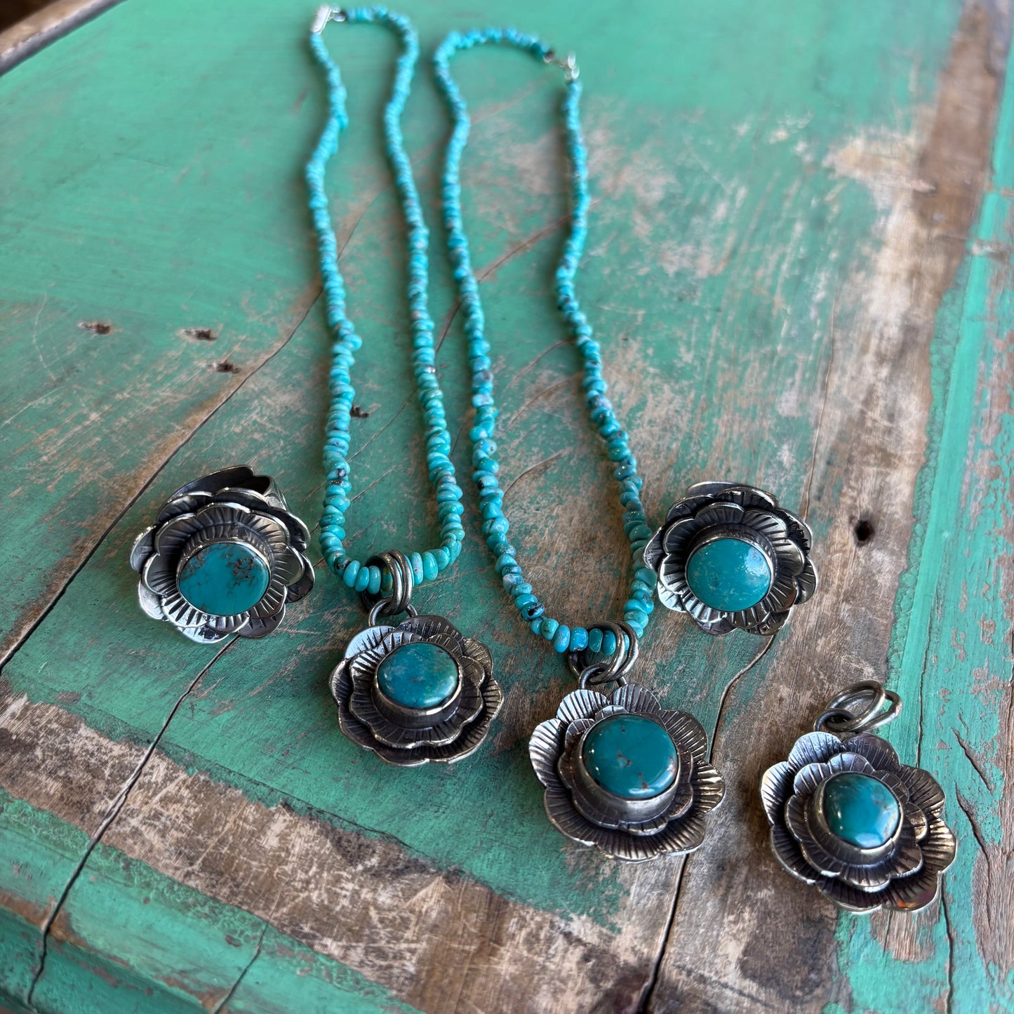 Blooming Turquoise Flower Chilean Necklace or Ring