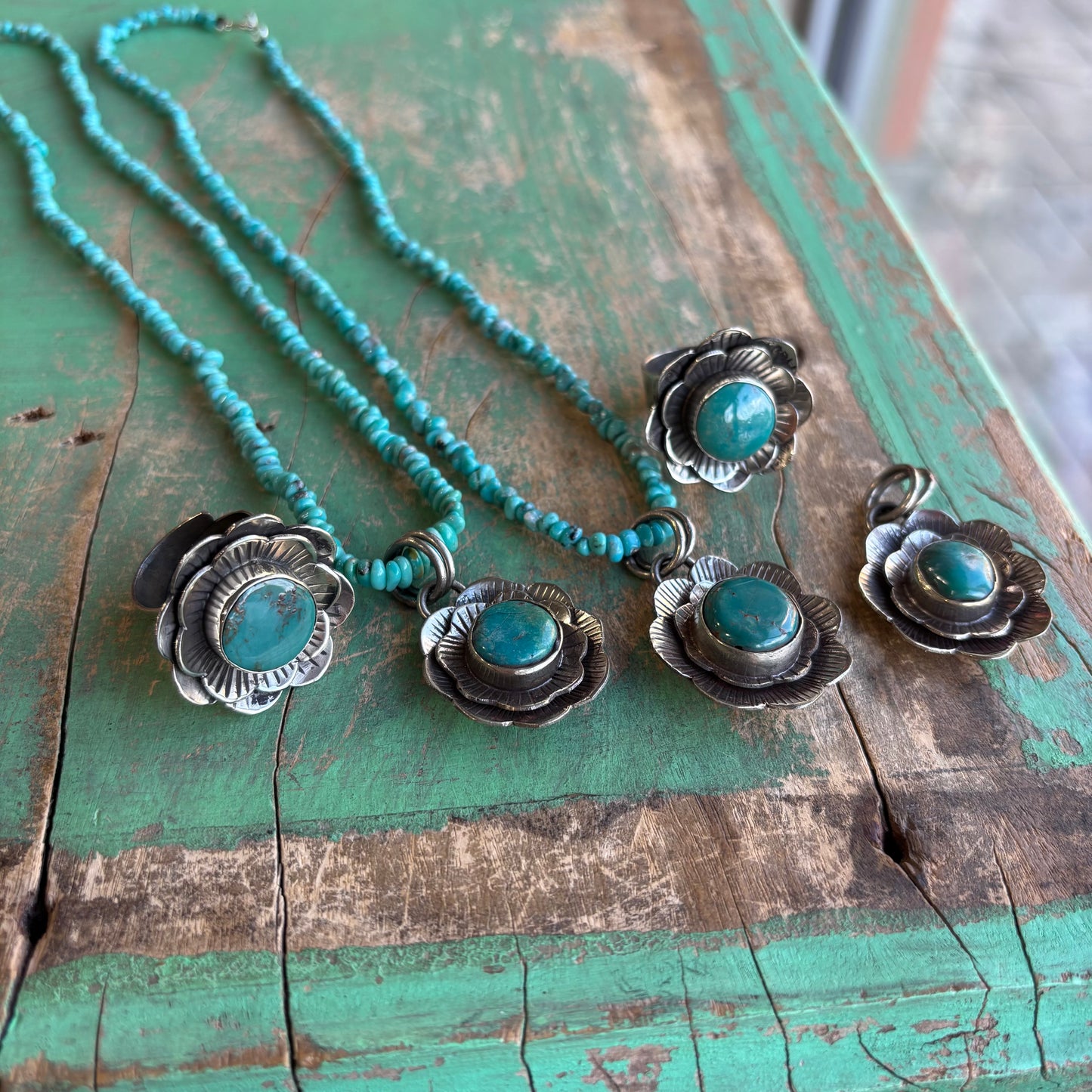 Blooming Turquoise Flower Chilean Necklace or Ring