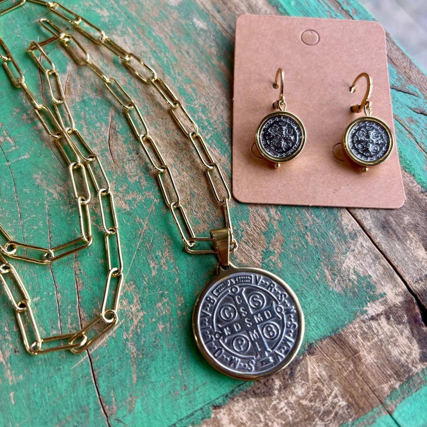 Two-Tone St Benedict Paperclip Necklace or Bracelet or Earrings