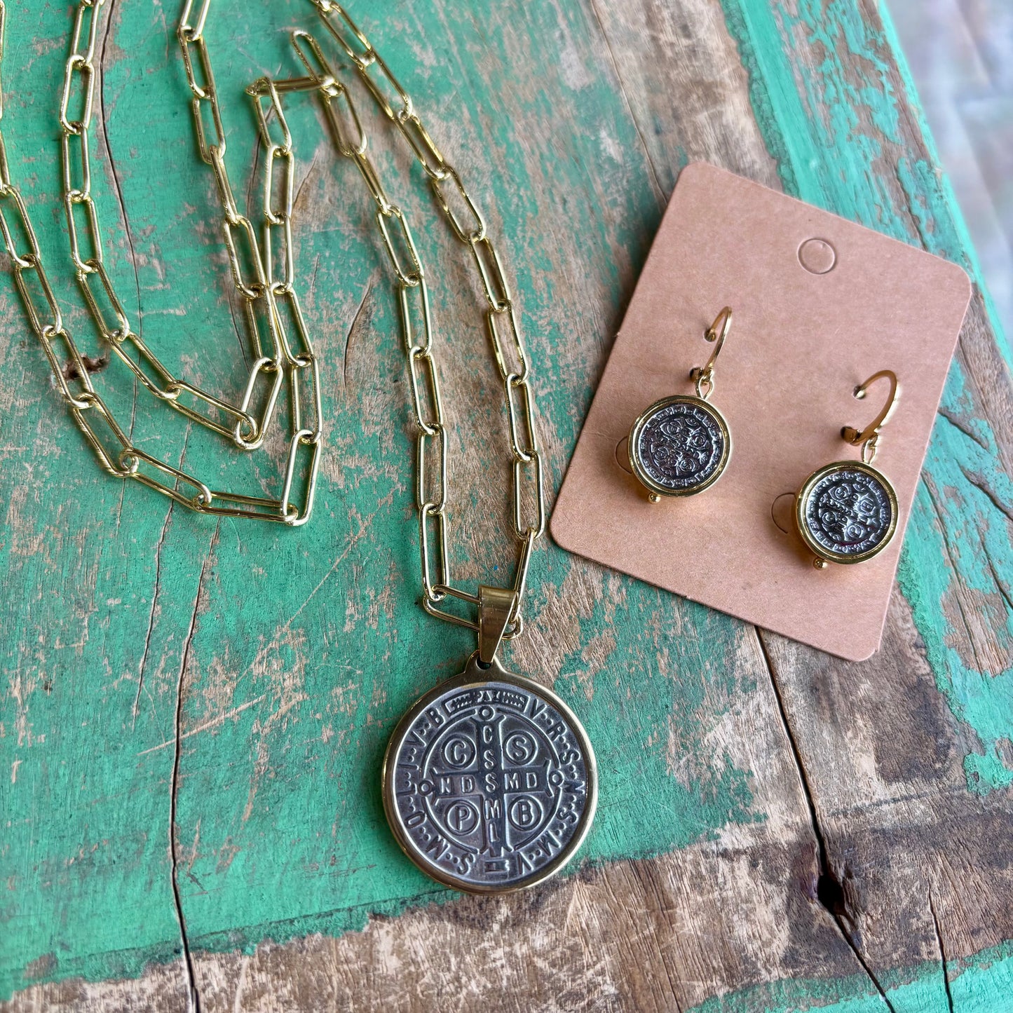 Two-Tone St Benedict Paperclip Necklace or Bracelet or Earrings