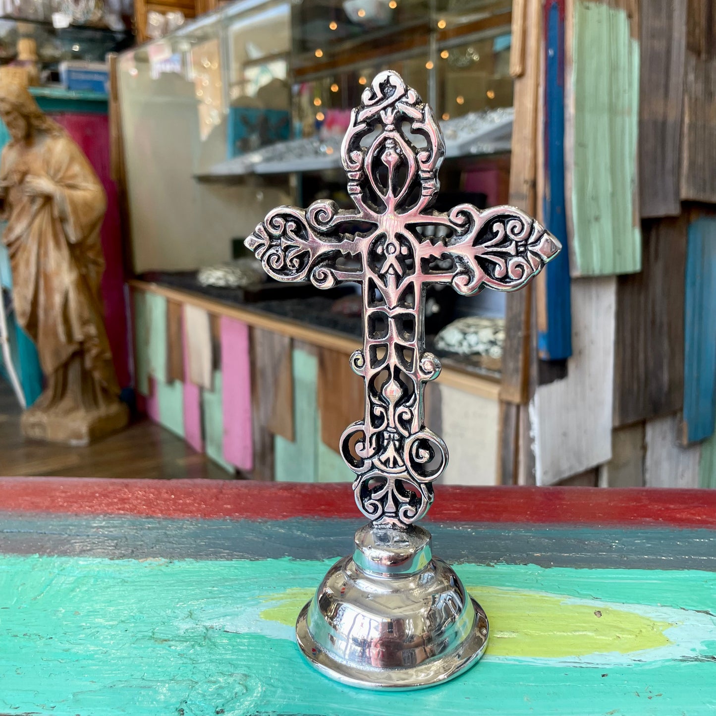 Pewter Standing 7” Scroll Cross
