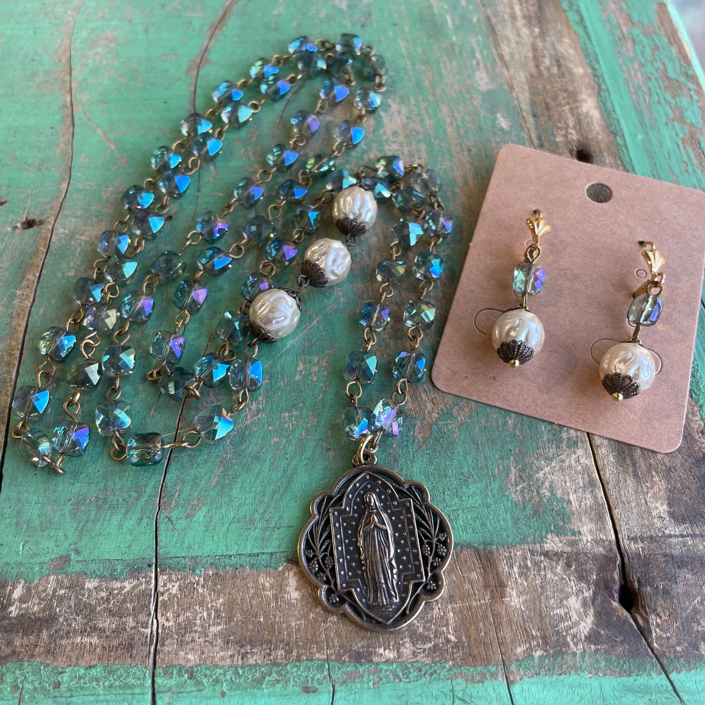 Our Lady Iridescent Necklace and Earrings