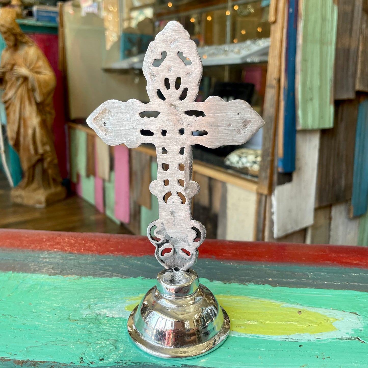 Pewter Standing 7” Scroll Cross
