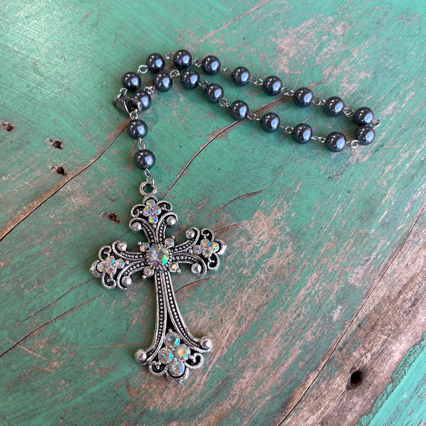 Crystal and Pearl Cross Car Blessing
