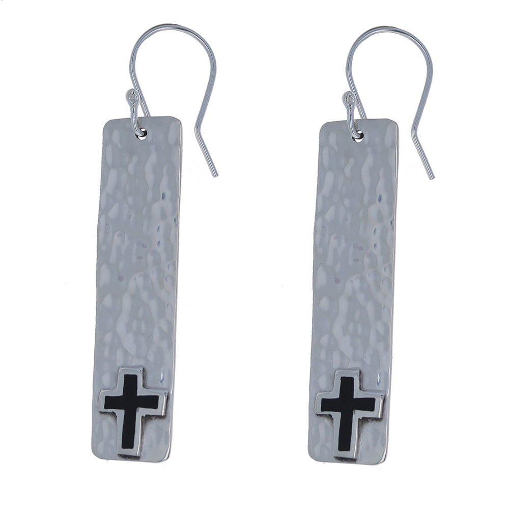 Long Hammered Sterling Silver and Black Earrings