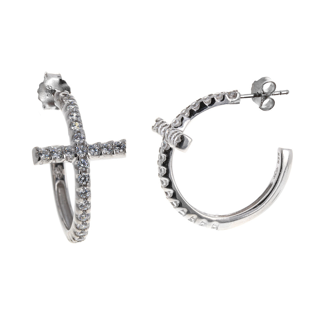 Sterling Silver CZ Cross Hoops