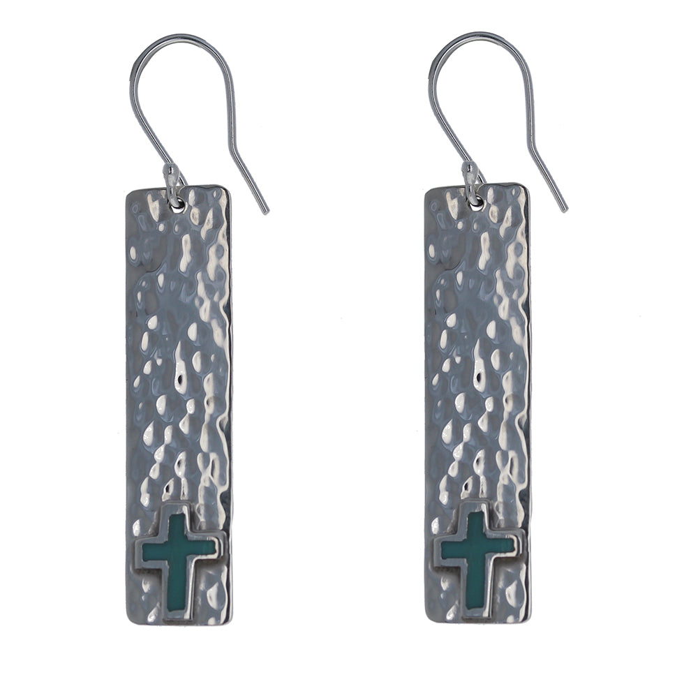 Long Hammered Sterling Silver and Turquoise Cross Earrings