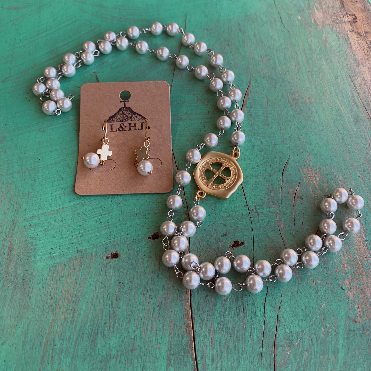 St Benedict Link Pearl Necklace and Earrings