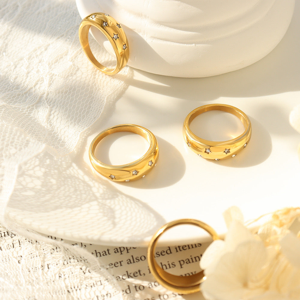 Gold Stainless Steel CZ Stars Dome Ring