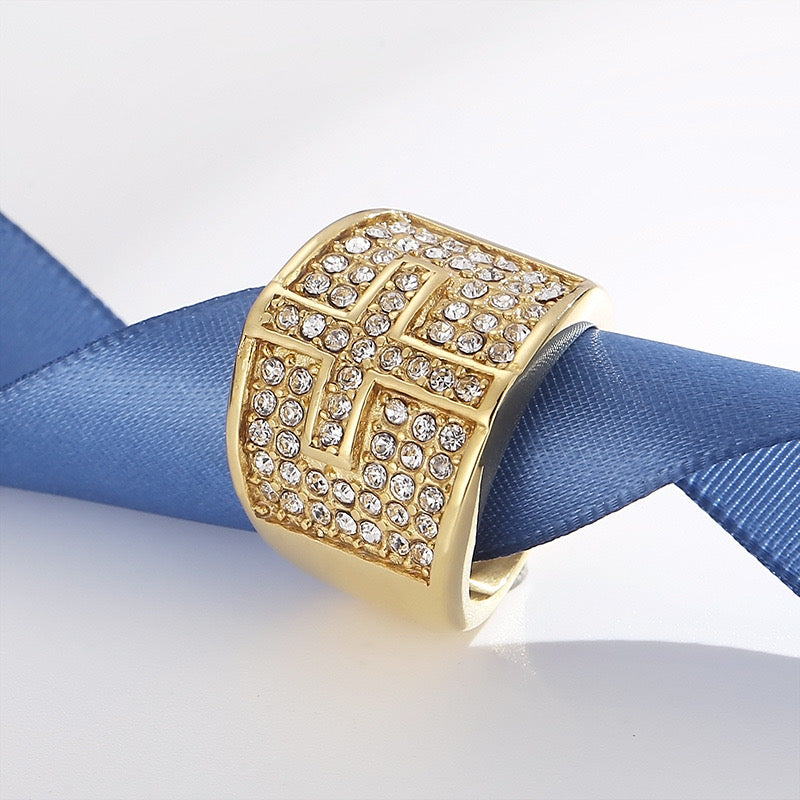 Gold Stainless Steel Cubic Zirconia Cross Ring