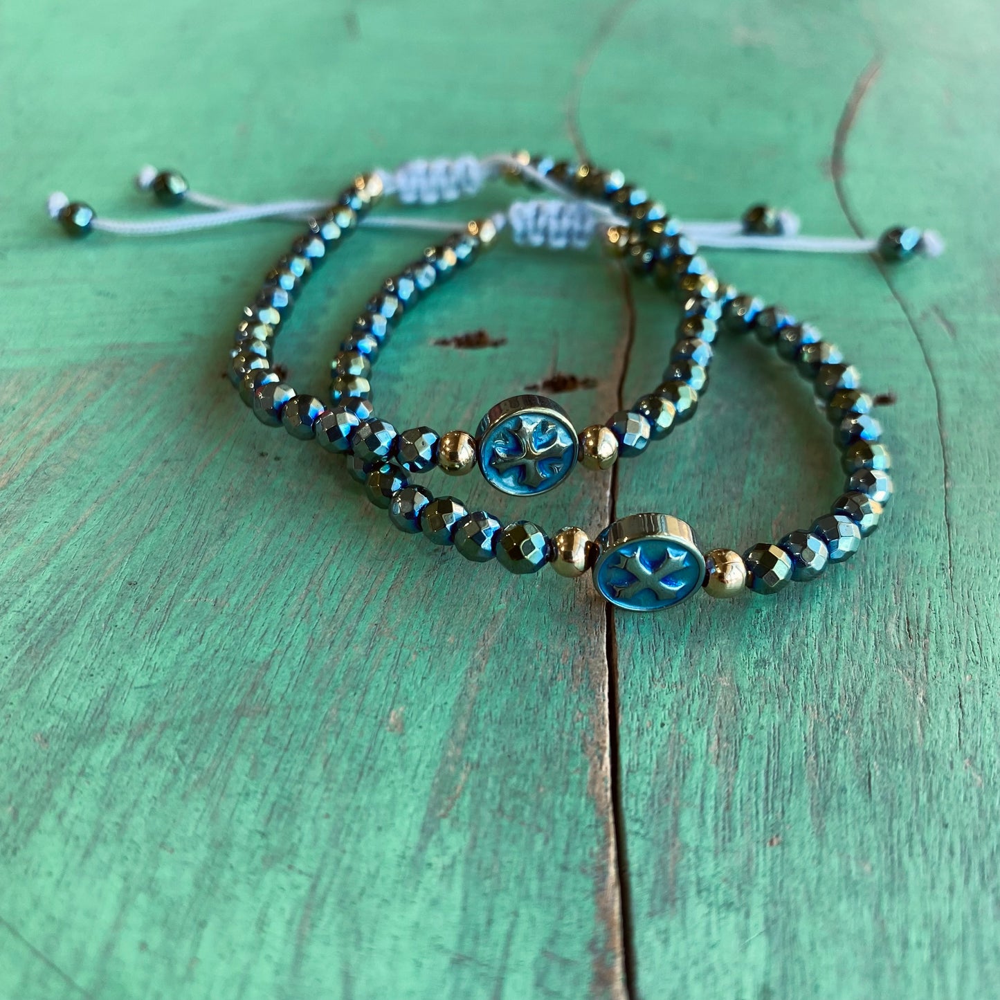 Strong and Courageous Hematite Cross Bracelet