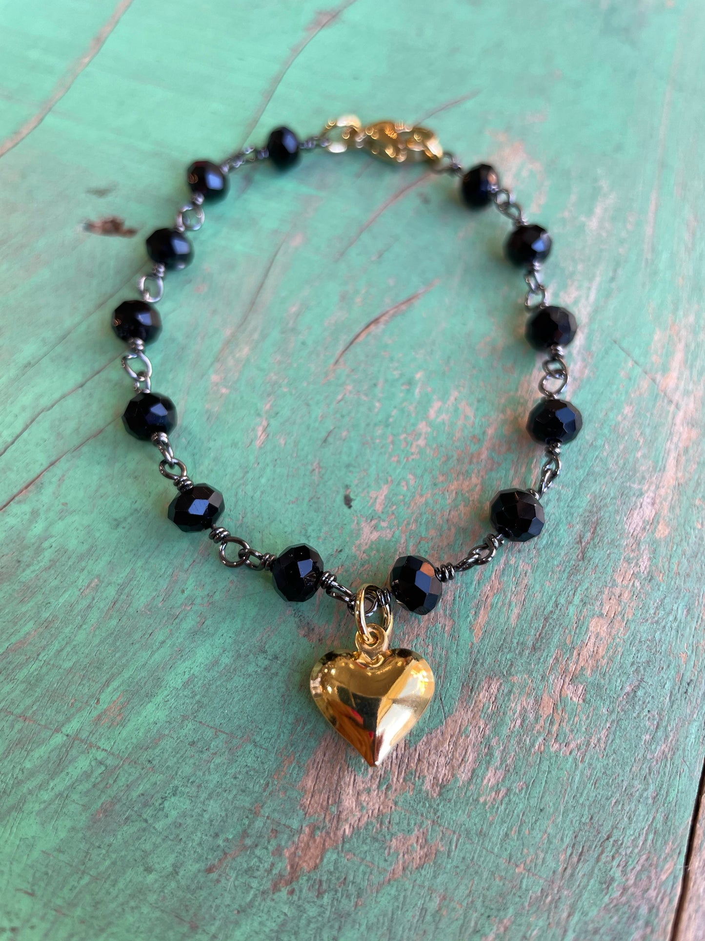 Black and Gold Heart Necklace, Bracelet, and Earrings