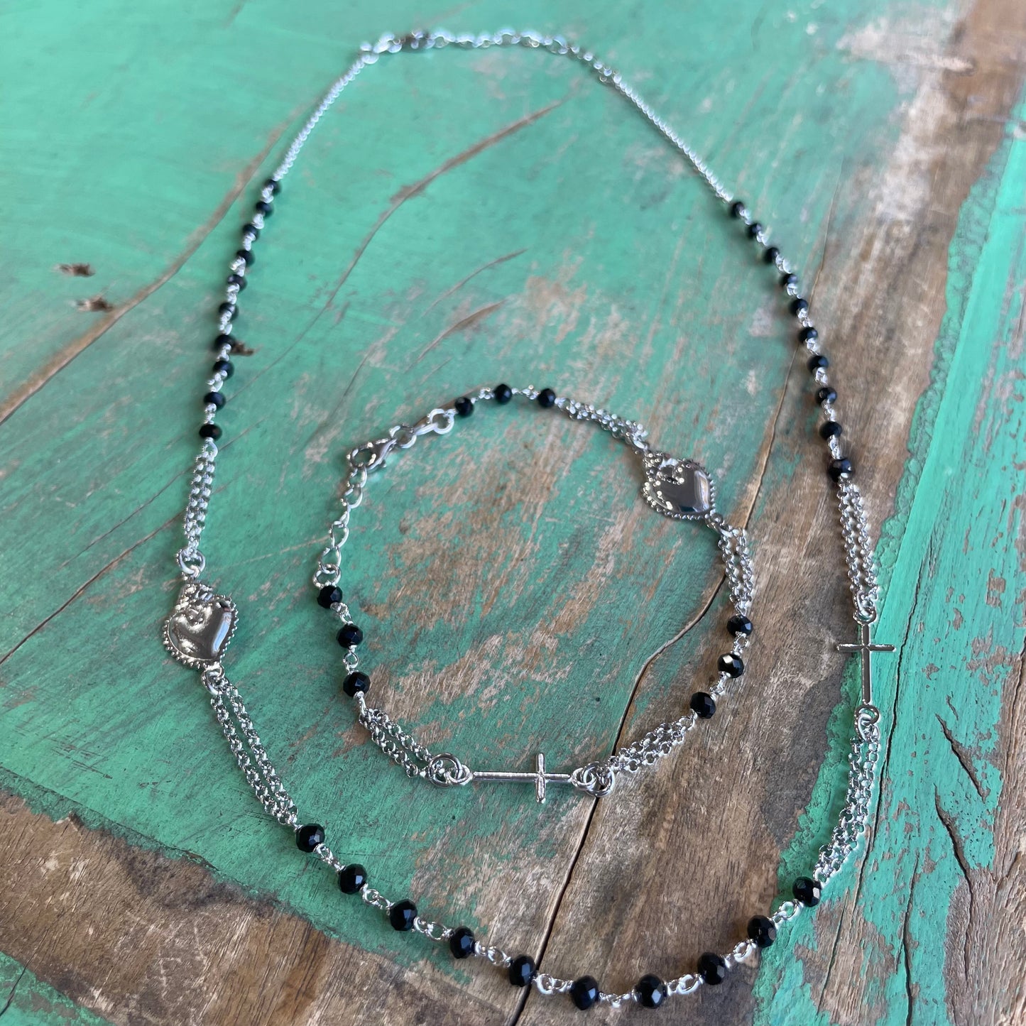 Sterling Silver Sacred Heart Rosary Inspired Necklace and Bracelet