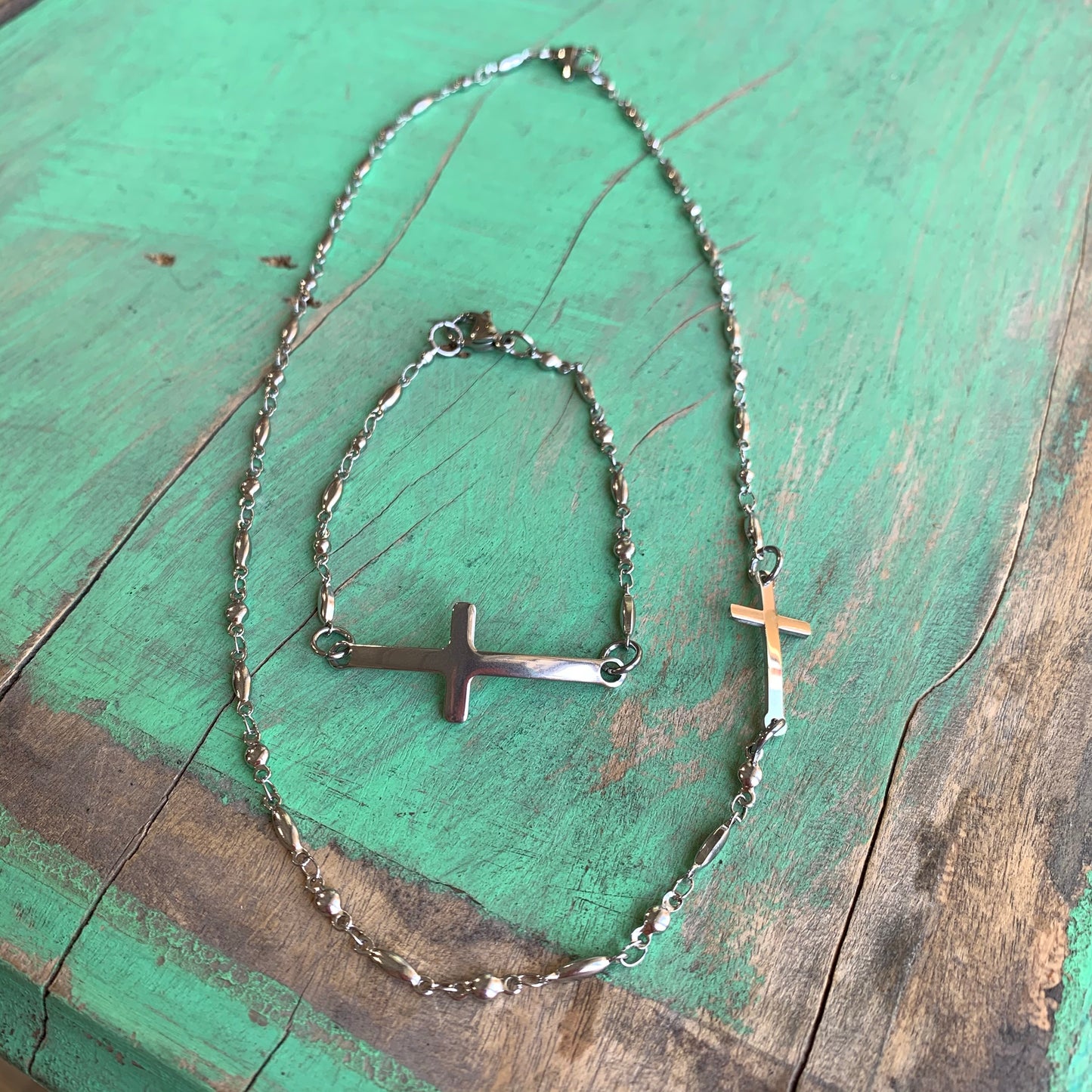 Stainless Steel Sideways Cross Necklace and Bracelet