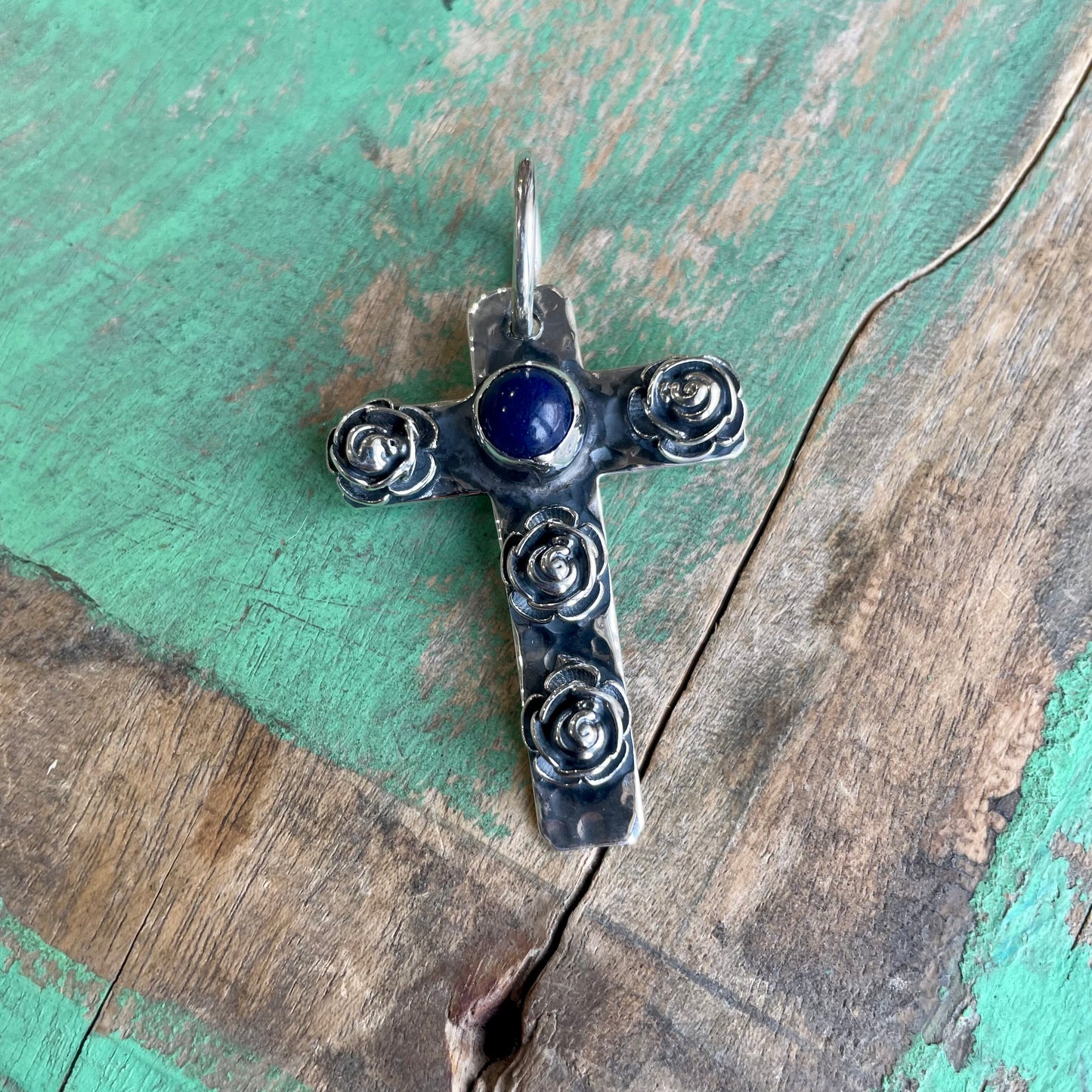Sterling Silver Lapis Rose Cross