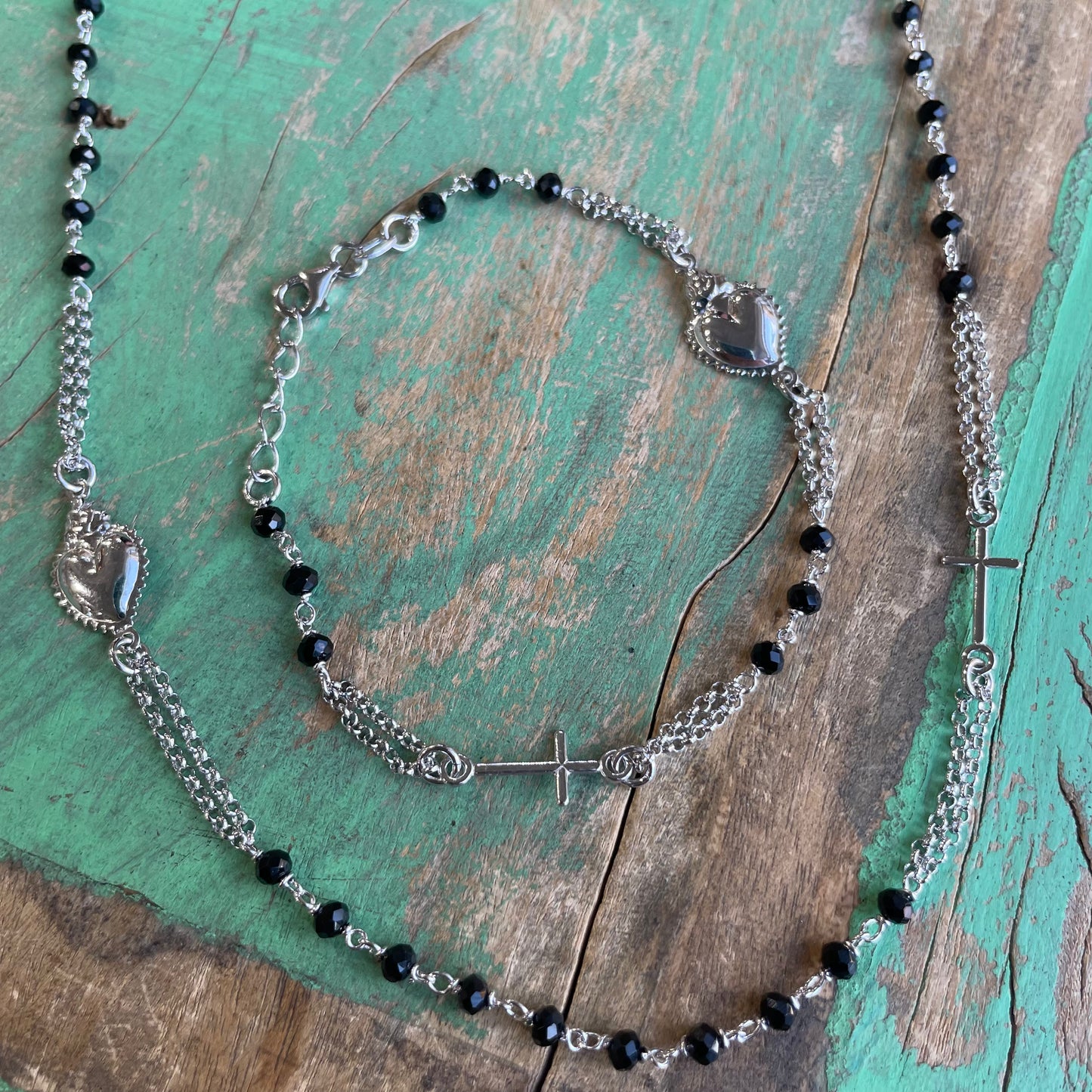 Sterling Silver Sacred Heart Rosary Inspired Necklace and Bracelet