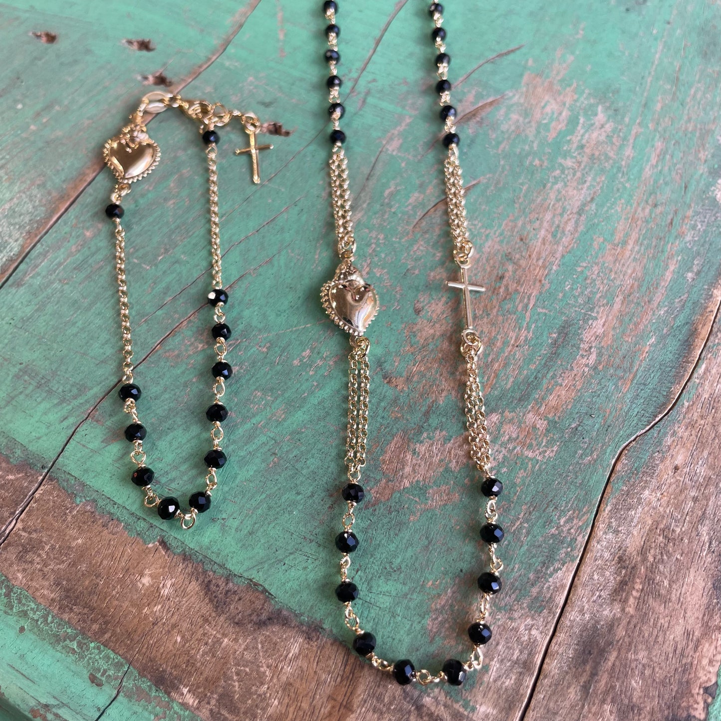 Sterling Silver Sacred Heart Rosary Inspired Necklace and Bracelet