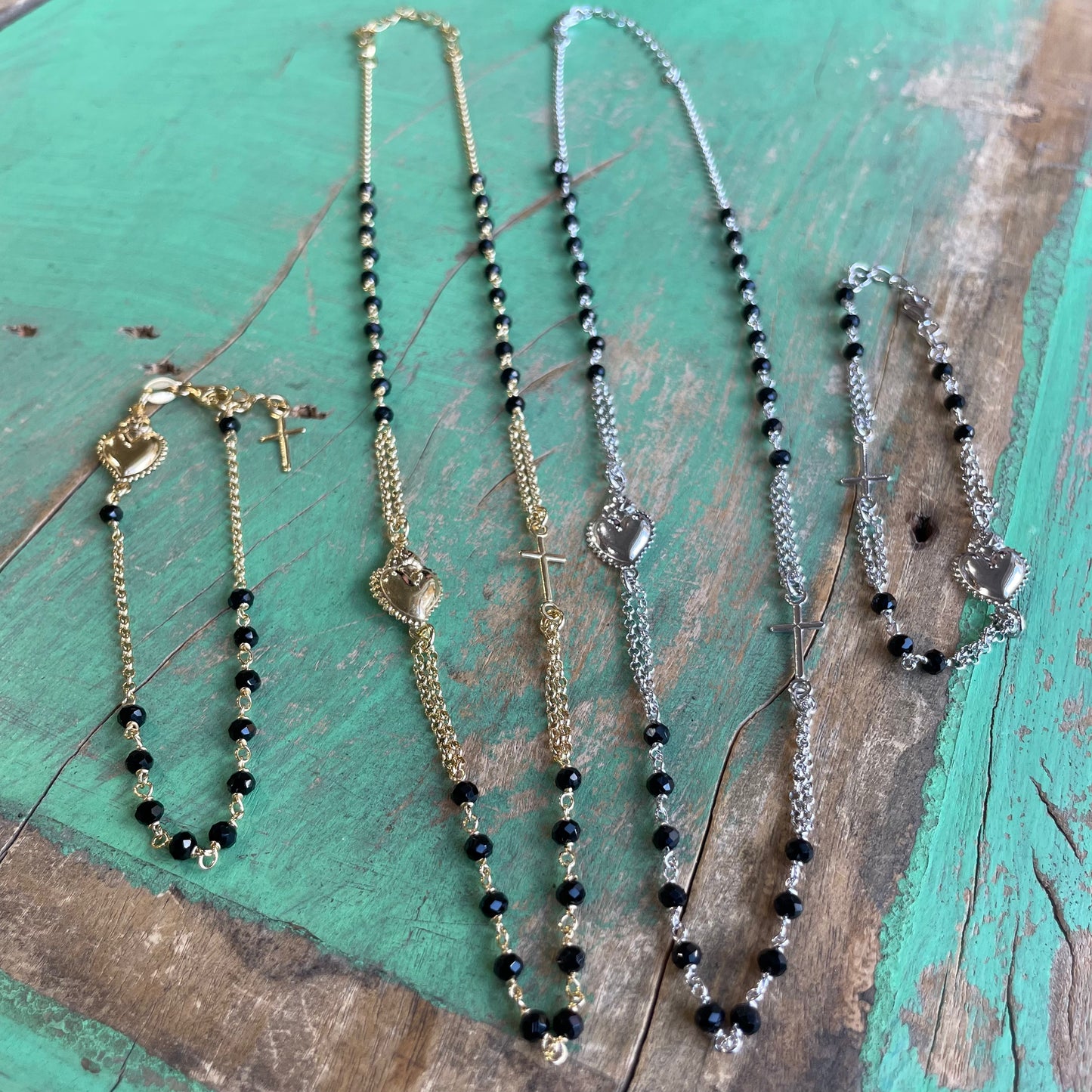 Sterling Silver Sacred Heart Rosary Inspired Necklace and Bracelet
